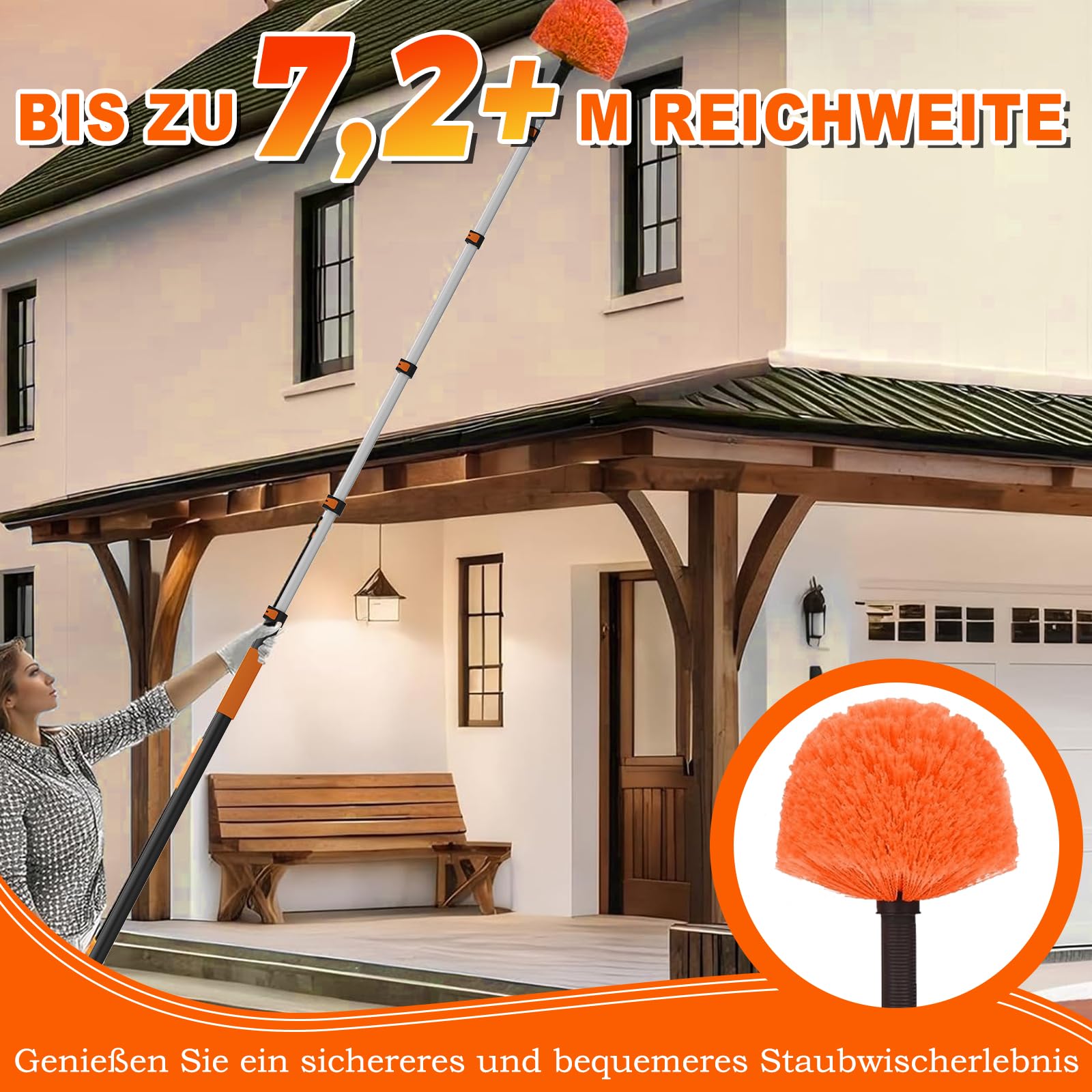 SISUPASSIE 7,2M Staubwedel Teleskop, Spinnenwebenentferner mit Teleskopstiel, ausziehbarer waschbarer Staubwedel für die Reinigung von Decken, Ecken und Möbeln