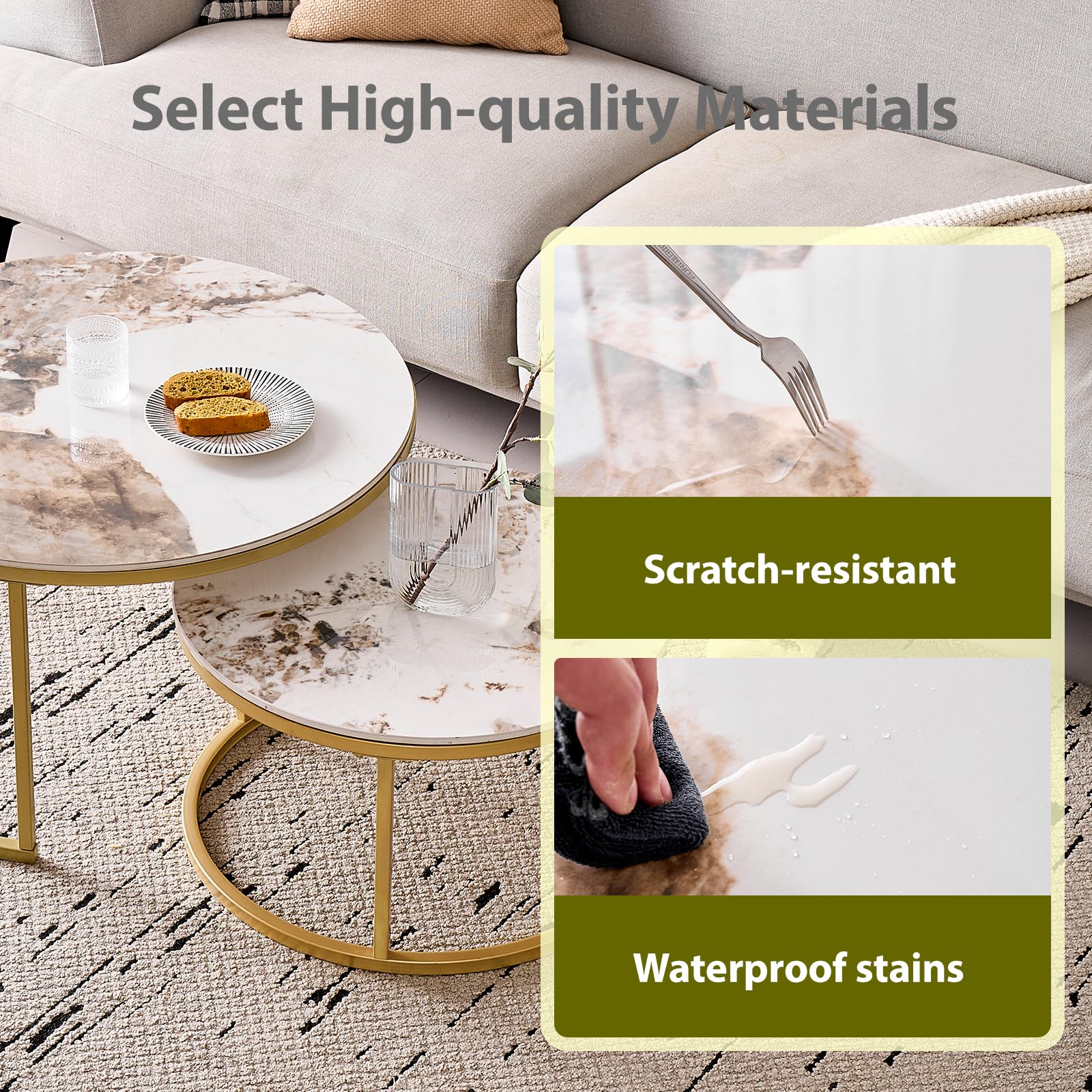 GrandCA HOME Tables Basses Rondes gigognes, Lot de 2 avec Cadre en métal doré pour Salon Moderne, 60 cm et 80 cm Tables d'appoint Pandora en Pierre frittée