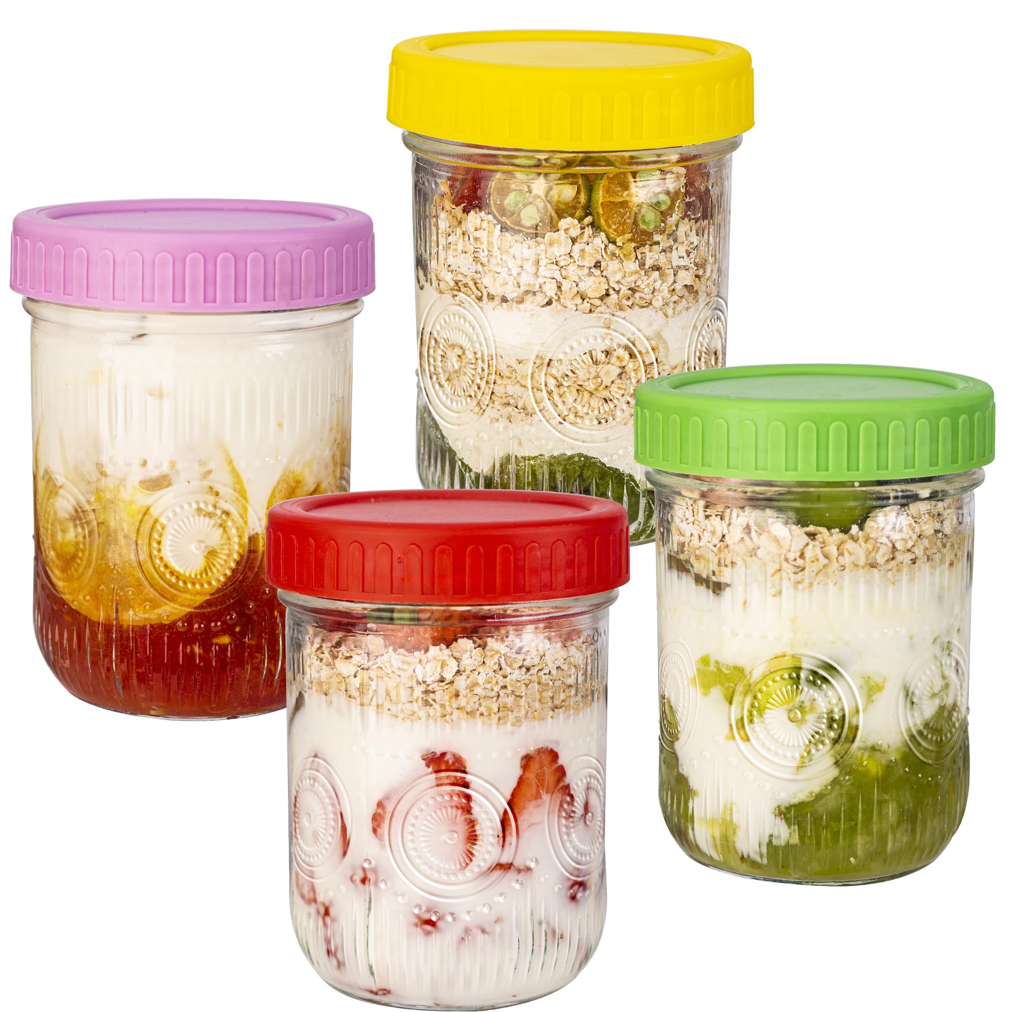 Amzcku Contenitori in vetro per avena con coperchio, 473,6 g, a bocca larga, per avena, cereali, yogurt, insalata, multicolori, confezione da 4