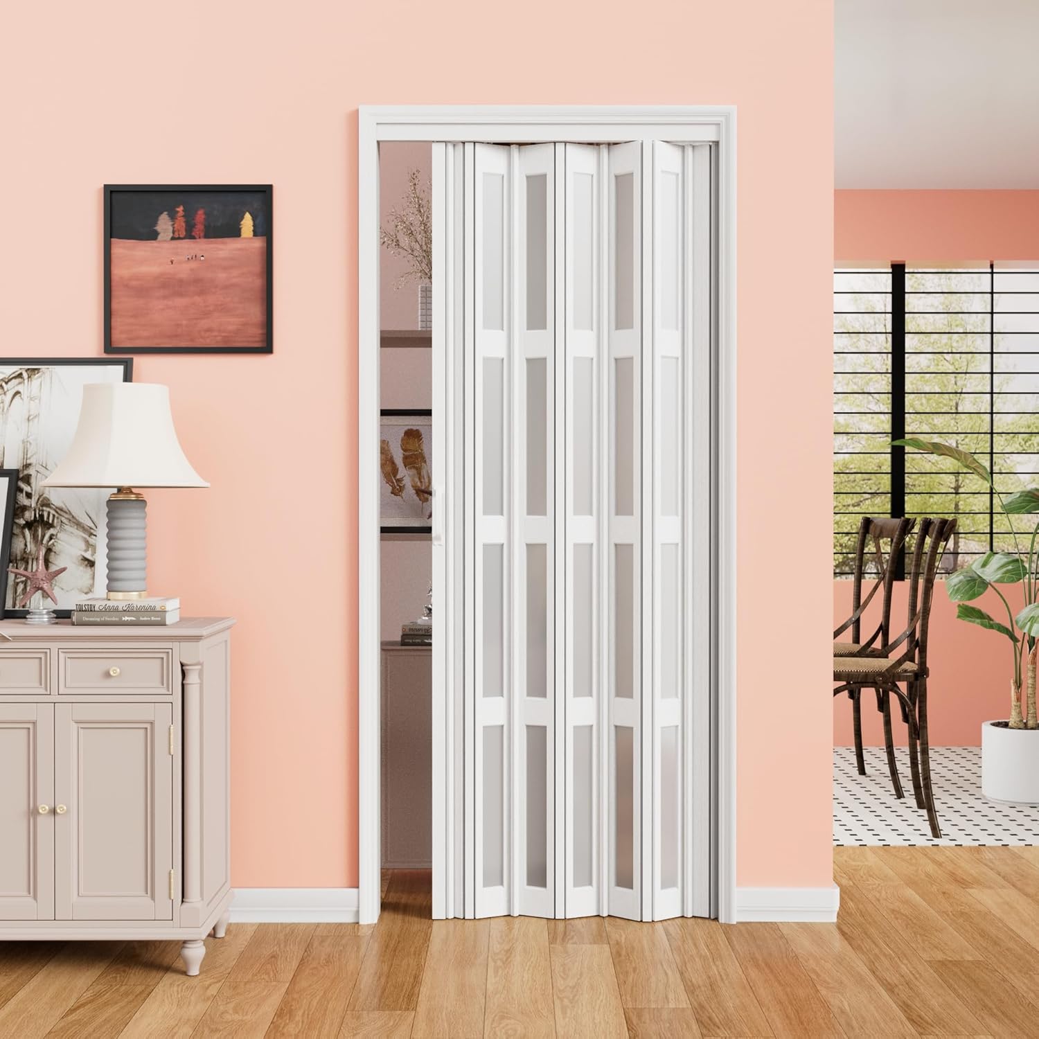 24"-38" x 80" Enhanced Double-Layer Accordion Doors, 4 Frosted Glass PVC Folding Door, Space-Saving Bi fold Doors for Closet, Inclouding Heavy-Duty Nylon Rollers & Reinforced Handle, Easy to Install