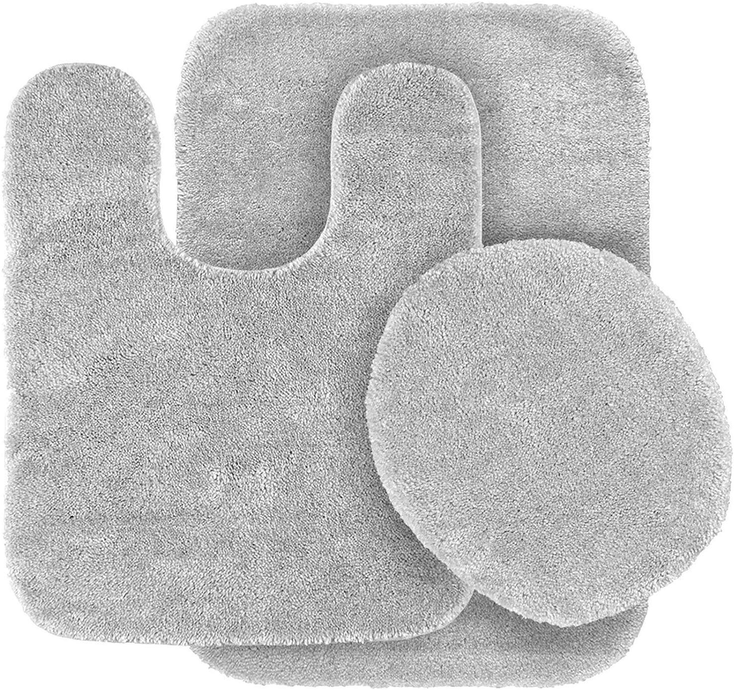 Better Home Style 3 Piece Bathroom Rug Set Bath Rug, Contour Mat, & Lid Cover Non-Slip with Rubber Backing Solid Color (Silver/Light Grey)