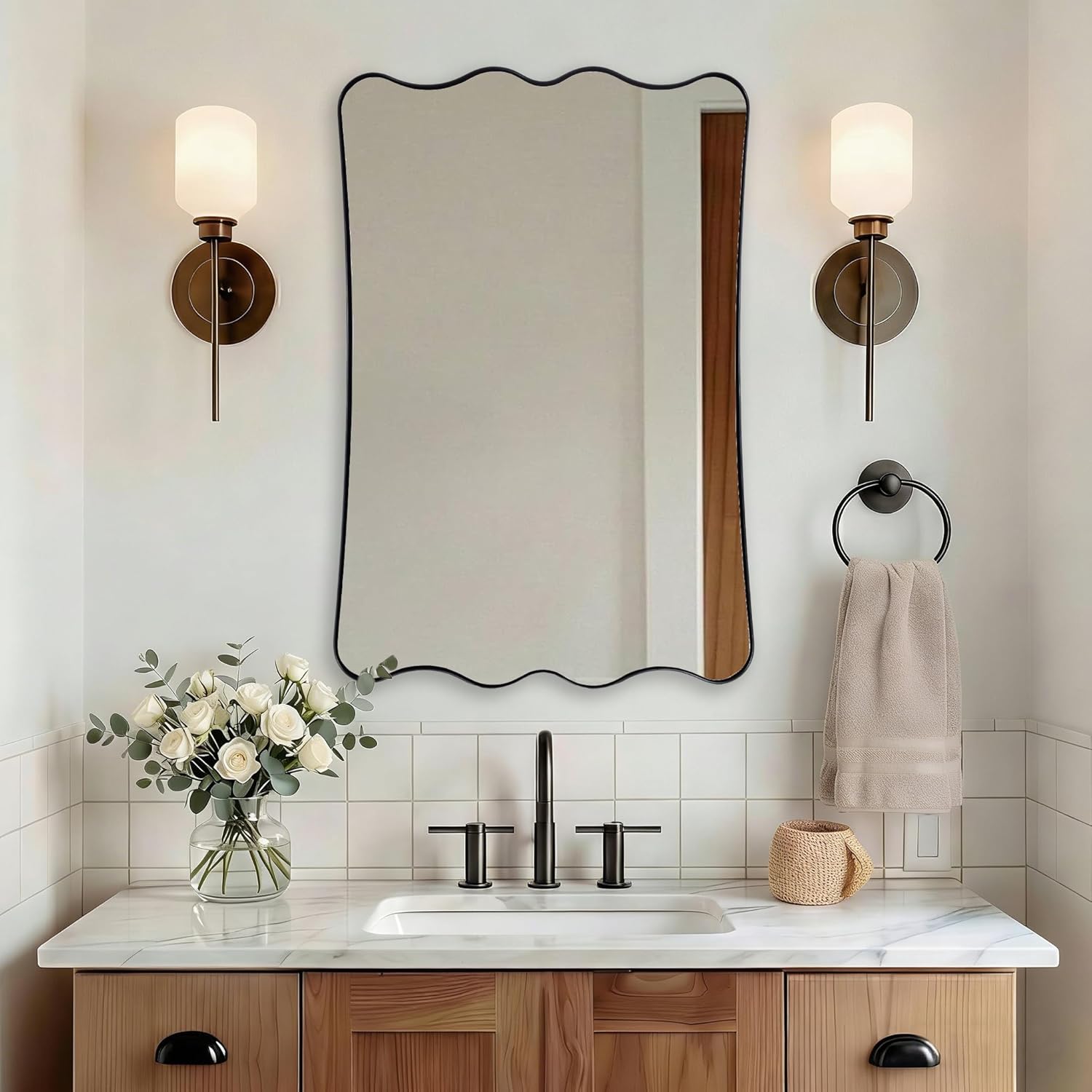 ANDY STAR 24x36 Wavy Rectangle Bathroom Mirror, Matte Black Scalloped Mirror with Curved Design, Irregular Wall Mirror for Vanity, Powder Room, Stainless Steel Frame, Anti-Rust