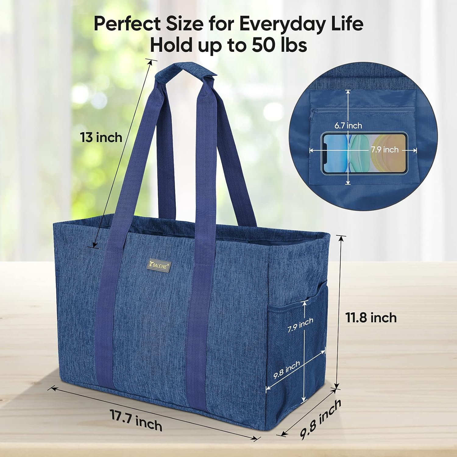 BALEINE 3Pk Reusable Grocery Bags+ Soft 9 Gallon Extra Large Utility Tote