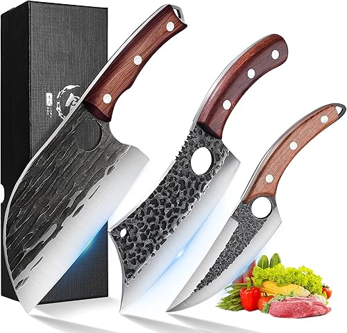 ROCOCO Juego de cuchillos de carnicero de 3 piezas, cuchillo de chef serbio vikingo para barbacoa, cumpleaños, padre, madre, idea de regalo de