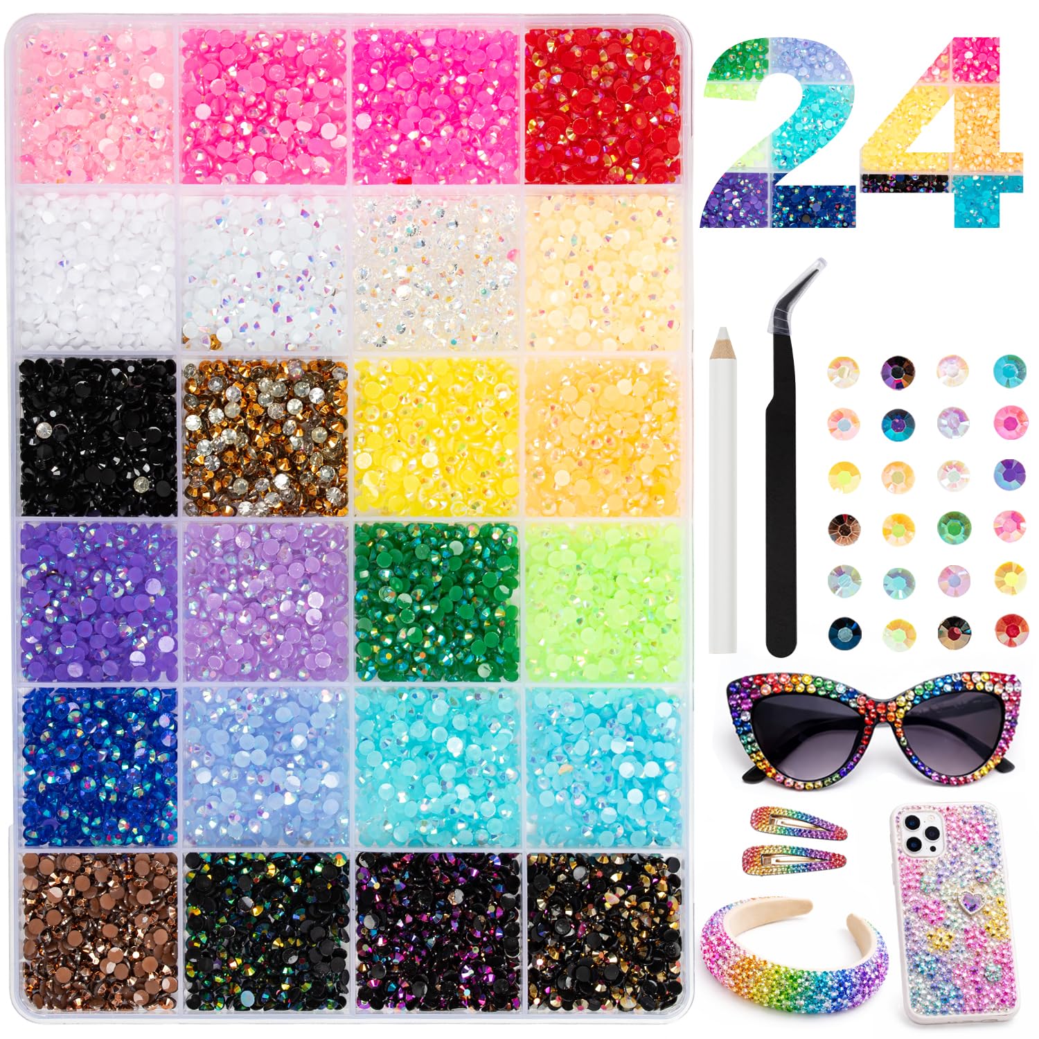 Vinuwu 24 Couleurs Strass, 30000+Pcs 3mm Flatback Bedazzling Kit avec Pince et Stylo, AB Strass a Coller DIY pour Ongles Deco Nail Art Vêtements Chaussures (Colle requise, non incluse)