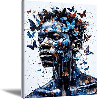Auscioalld African American Canvas Wall Art Blue Butterfly Wall Art Abstract African American Poster Colorful Butterfly Painting Pictures for Room Wall Decor 16x20 In Unframed