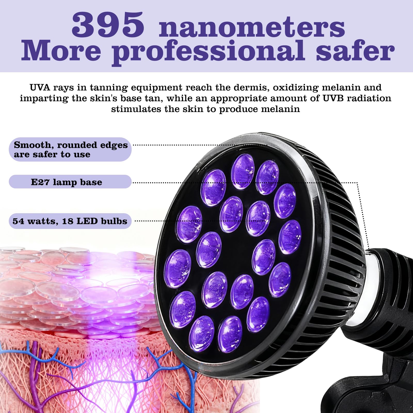 Lampe de bronzage portable pour bronzage du visage à la maison lumière du jour pour le visage et le corps pour la maison avec support réglable et crochets de suspension (Violet)