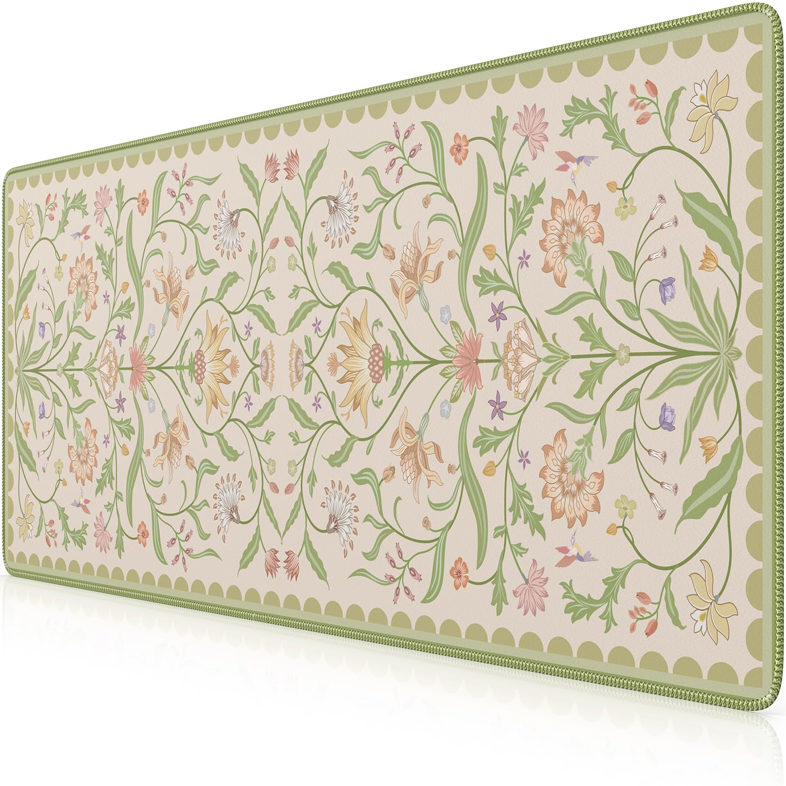 iLeadon Desk Matt for Desktop, Large Floral Stitched Edges Long Full Desk Mat for Laptop, Soft Mouse Pad for Keyboard, Green Desk Keyboard Mat for