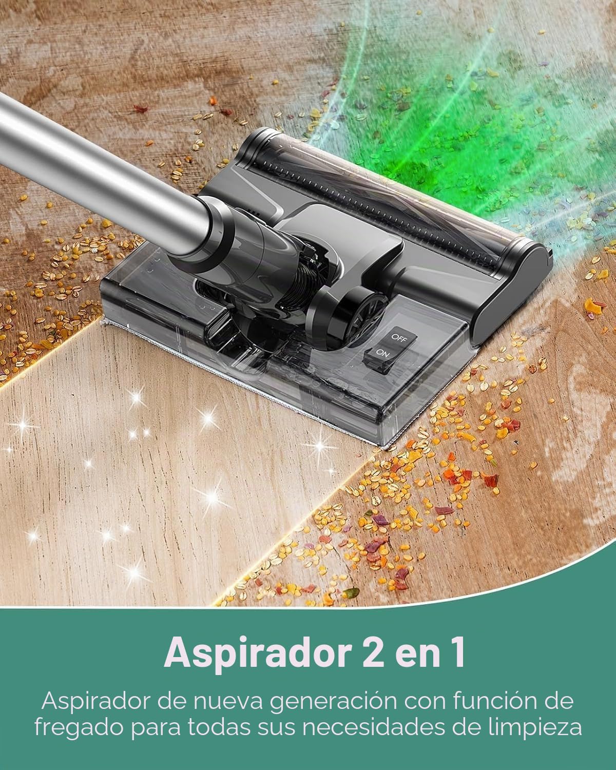 Aspiradora Escoba sin Cable, Aspira y Friega 2 en 1, Fregasuelos sin Cable Aspiradora Inalámbrica de Mano Ligera con luz LED Verde, aspiradora de Escoba Apta para Pelo de Mascotas/Suelos Duros