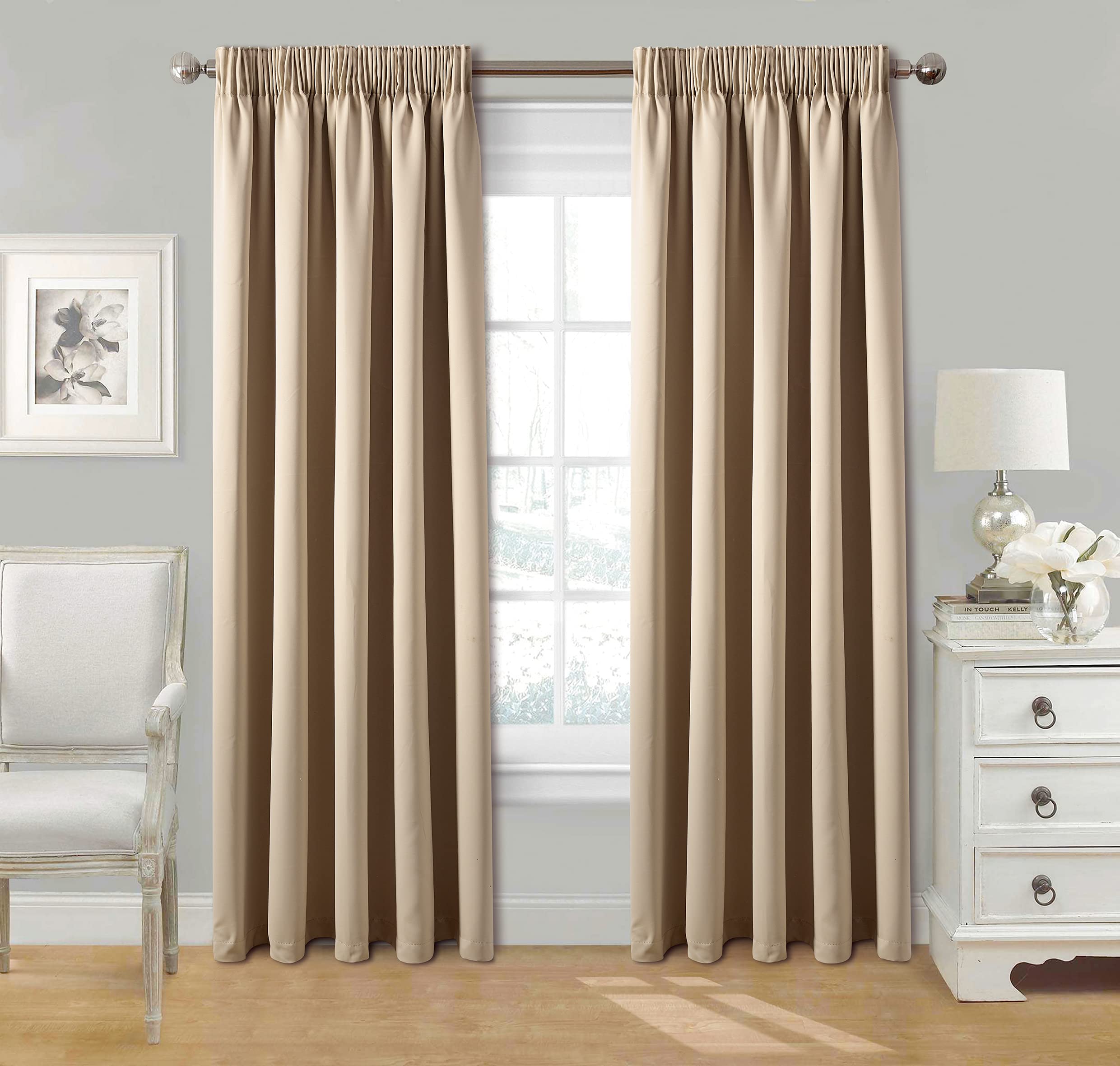 Stylemybedroom Beige Pair Pencil Pleat Tape Top Plain Thermal Out Lined Curtains With Tie Backs 66" X 72"
