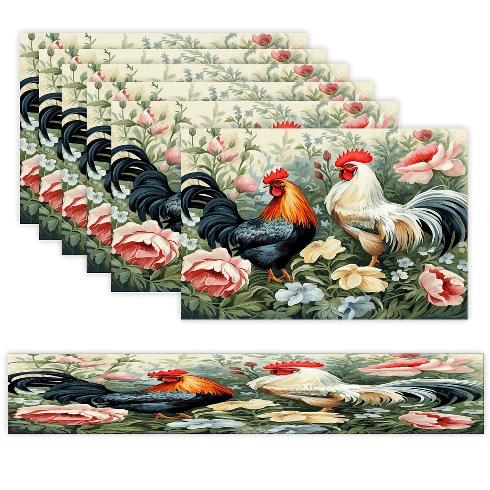 Rooster Table Runner and Placemats of 6 Washable Heat Resistant Place Mats with Table Runner Vintage Holiday Table Mat Set for Holiday Party Kitchen Dining Deco