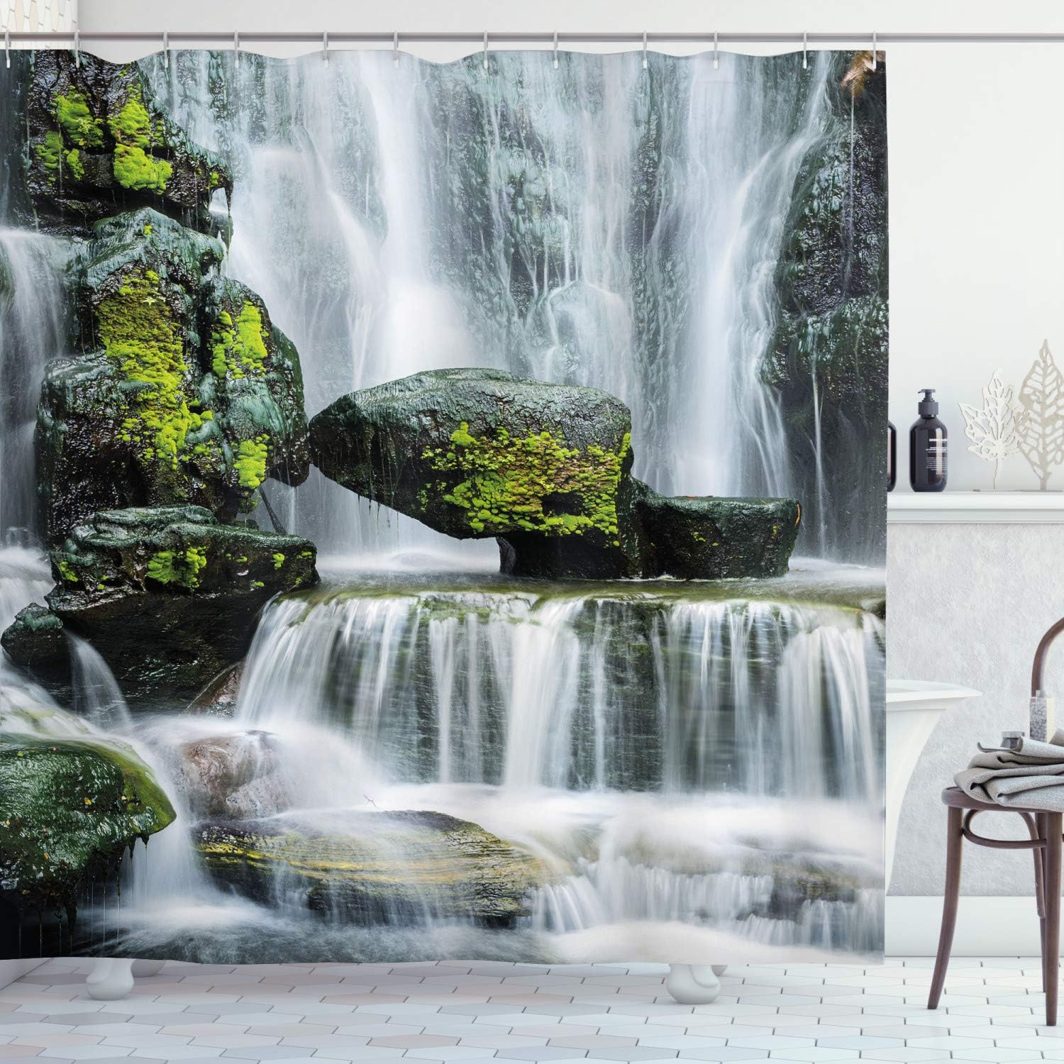 Ambesonne Waterfall Shower Curtain, Majestic River Blocked Massive Rocks Moss on Them Photo, Cloth Fabric Bathroom Decor Set with Hooks, 69" W x 84" L, Green Black and White