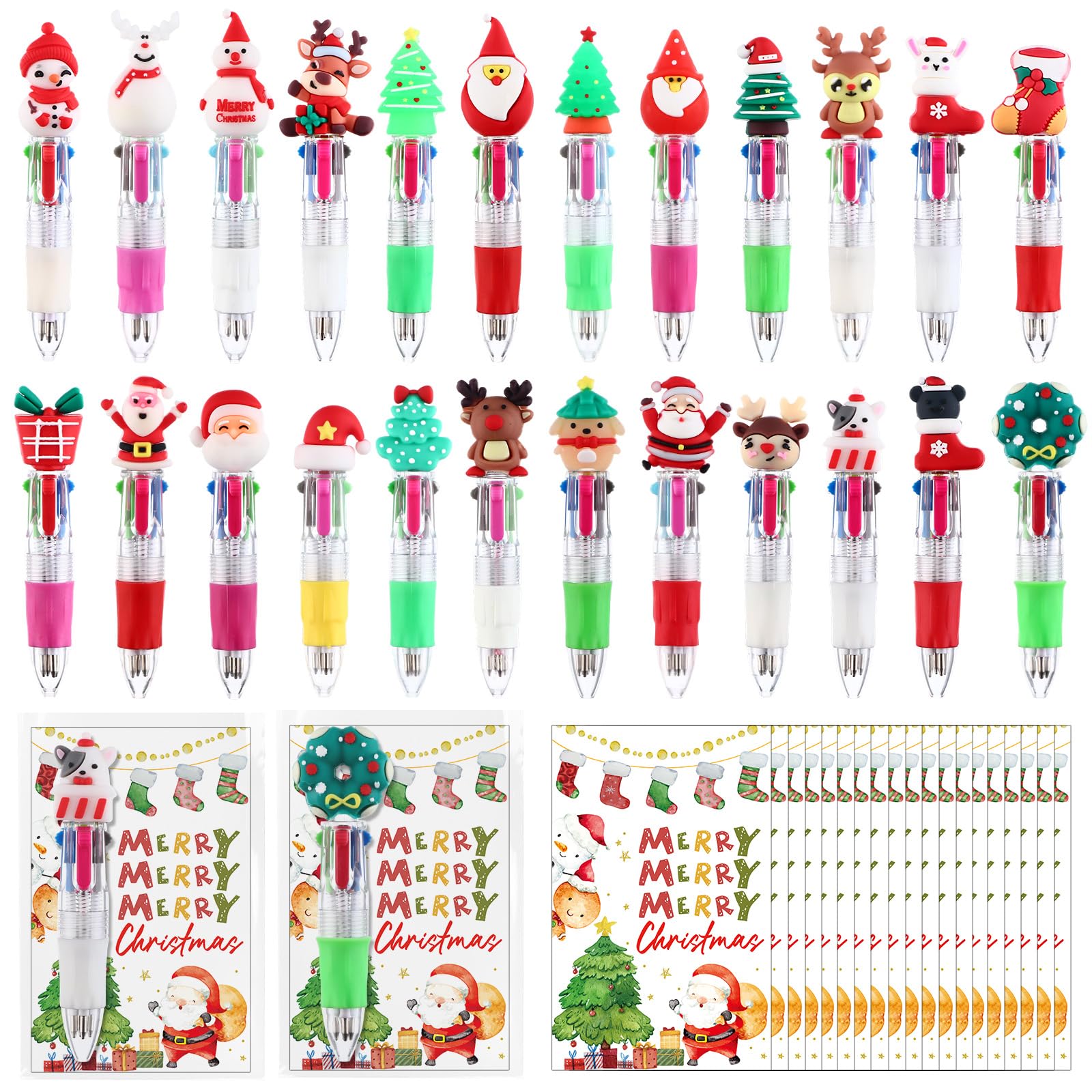 WWmily 24 Sets Christmas Multicolor Ballpoint Pens 4-in-1 24 Styles with Christmas Cards Xmas Retractable Pens Tree Elk Santa Claus Snowman Class Gifts for Stocking Fillers Students School