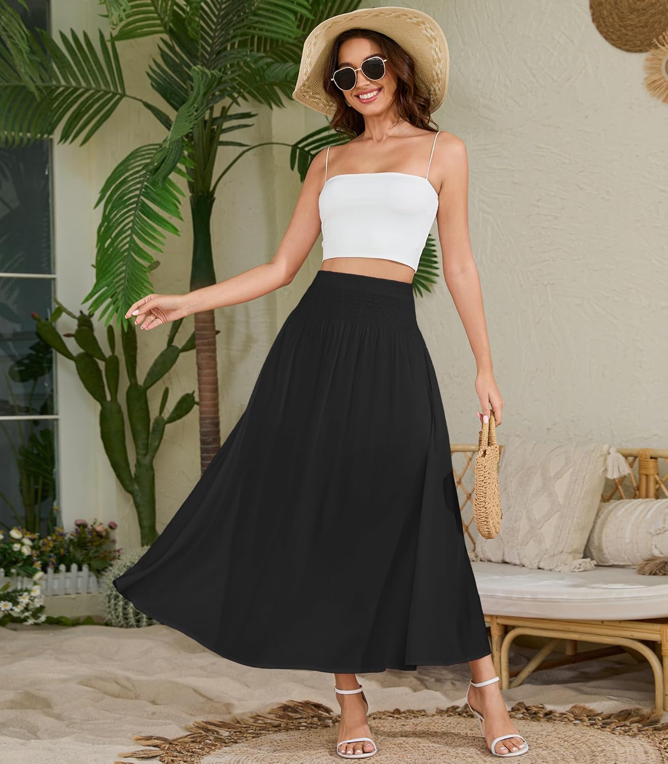 Women's Elastic High Waisted Midi Skirts with Pockets Trendy A-Line Flowy Swing Basic Skirt - Image 5