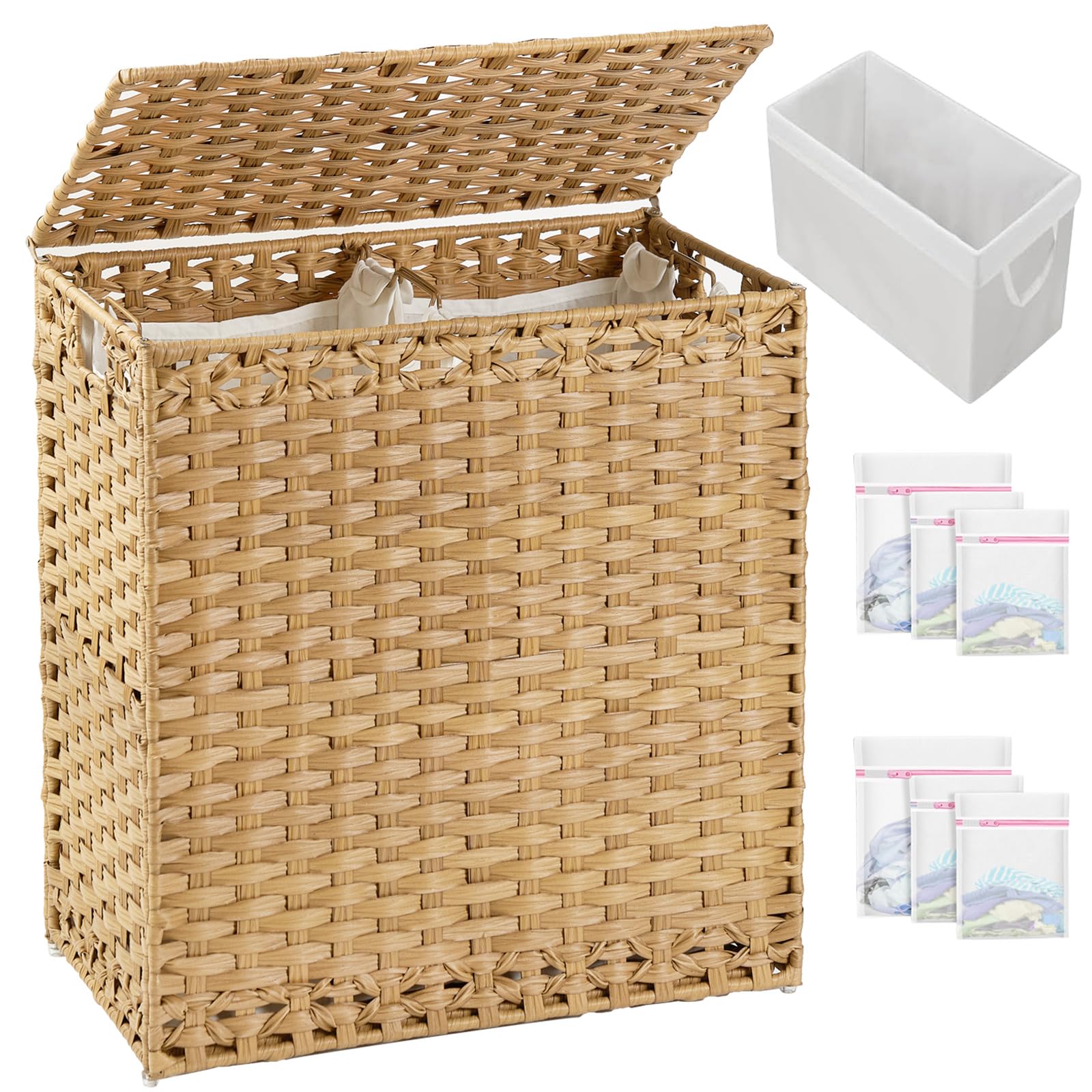 laundry hamper with lid wicker laundry basket 112 l (29.6 gal) laundry hampers handwoven rattan clothes hamper with handles 3 removable liner bag, 6 mesh bags for bathroom bedroom natural