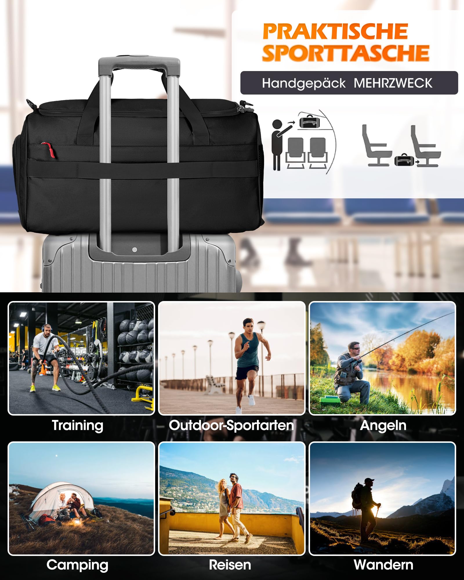 RAINSMORE 3 IN 1 Sporttasche Herren 45L Reisetasche Rucksackfunktion | Handgepäck Groß mit Schuhfach Latopfach und Nassfach Fitnesstasche Trainingstasche für Gym Reisen Weekender