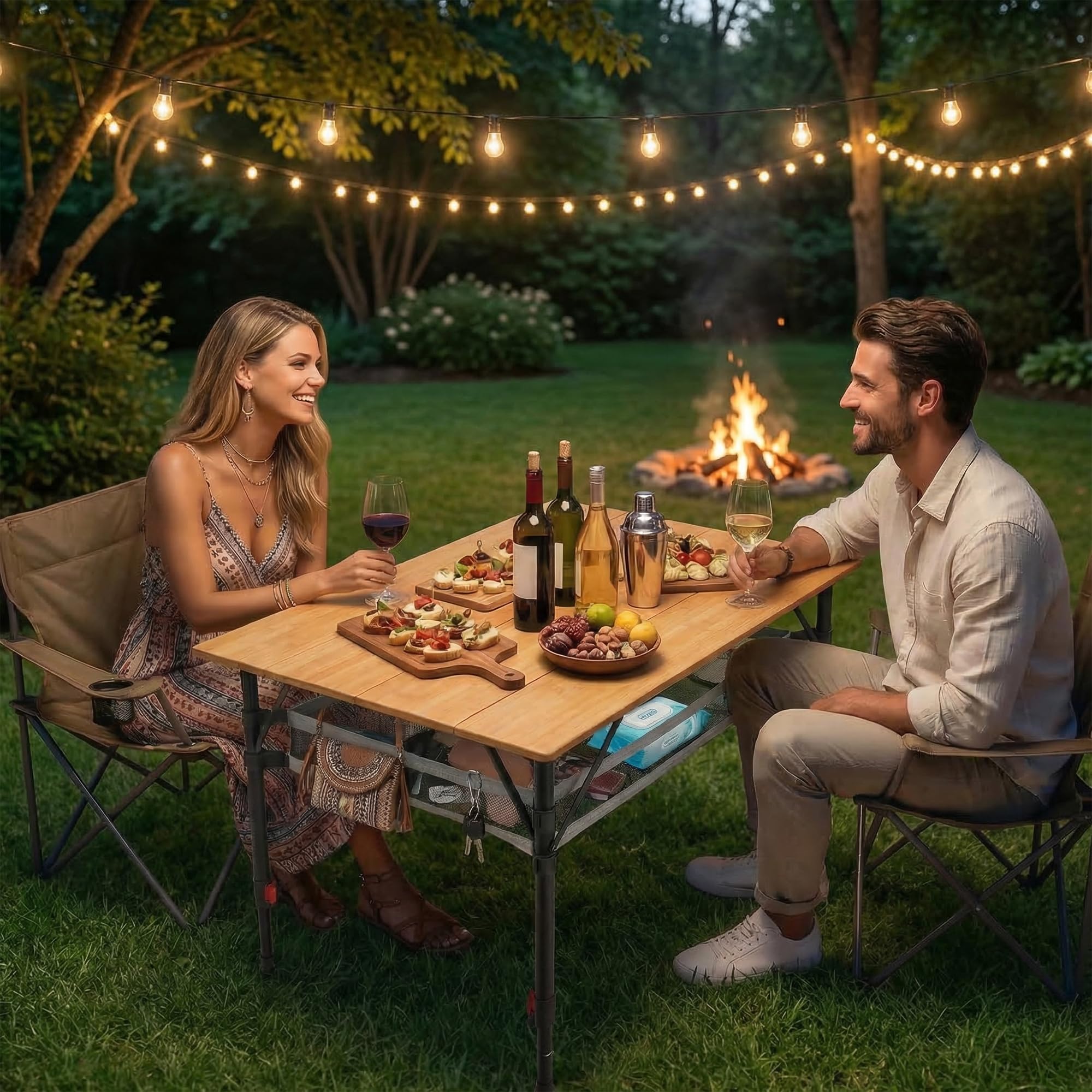 Campingtisch Klappbar Bambus 80 x 60 cm Stufenlos Höhenverstellbar 47–65cm | Big 100 kg, Aluminiumgestell mit Tragetasche & Ablagenetz Stabiler Klapptisch für Garten, Camping, Picknick