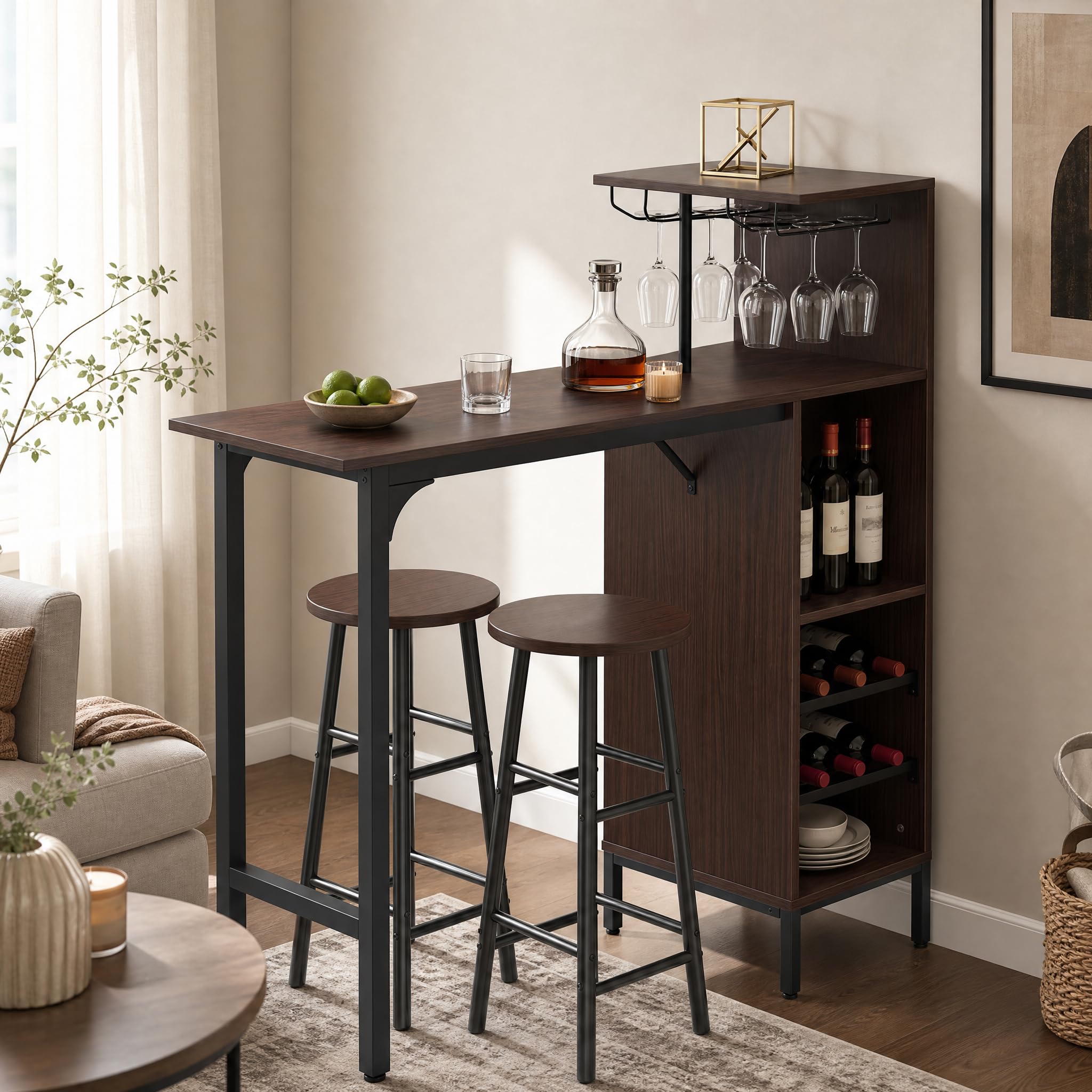RELAX4LIFE Table Haute avec Tabouret, Mange Debout avec Porte-Verre, Porte-Bouteille, Étagères, Petite Table Bar Industrielle pour Cuisine Bistro Salle à Manger (Café)