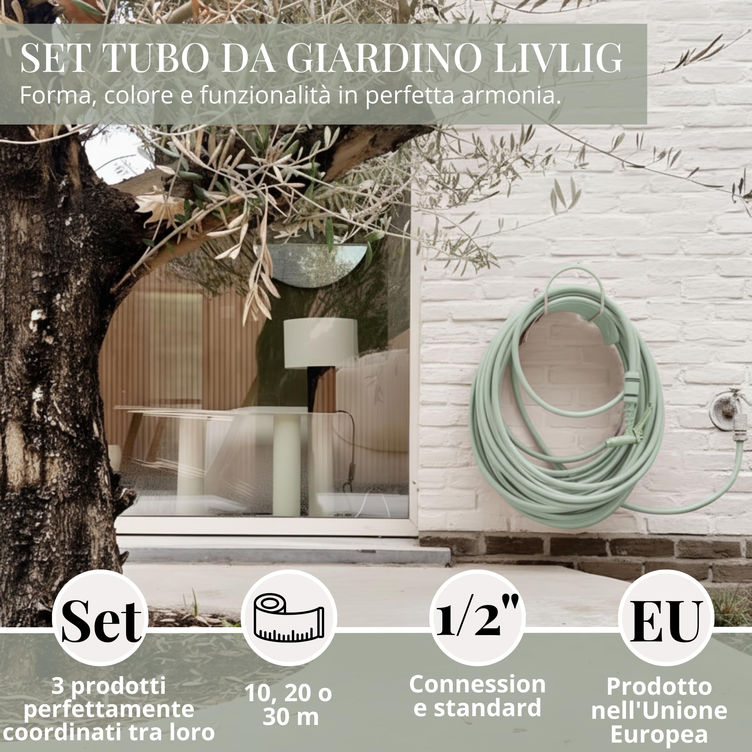 Set di tubi da giardino 30 m, 1/2 pollici Tubo dell'acqua con supporto a parete e alta qualità spruzzatore da giardino in plastica (3 funzioni di spruzzatura), tubo per irrigazione incluso raccordi