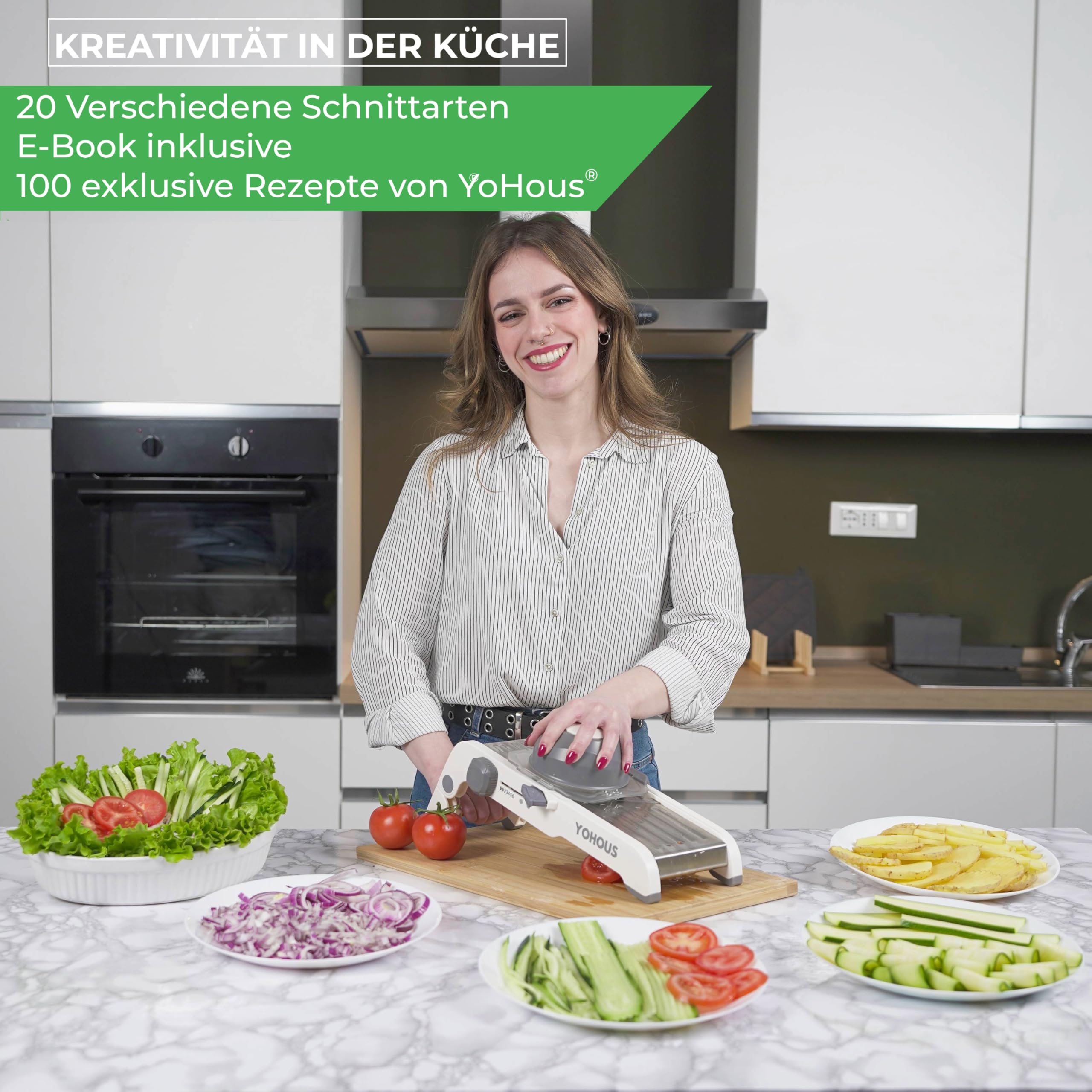 Gemüsehobel Mandoline Edelstahl – Professioneller Gemüseschneider mit einstellbarer Schnittstärke, Julienne/Würfel/Scheiben, spülmaschinengeeignet