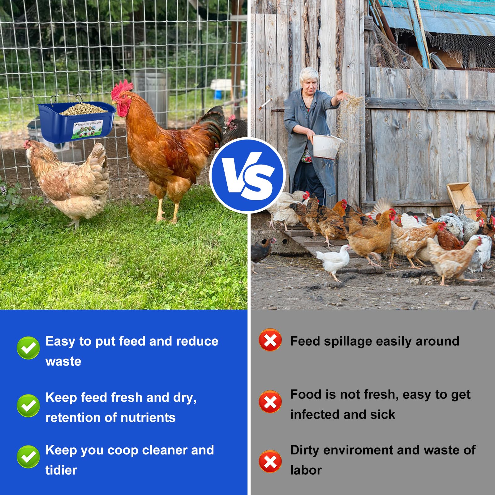 Alimentador de pollo, comedero colgante para pollo, paquete de 6 suministros de comedero de pato, cabra, cerdito, oveja, gallinero, perro, ganado, aves de corral, cubo de plástico con clips, azul