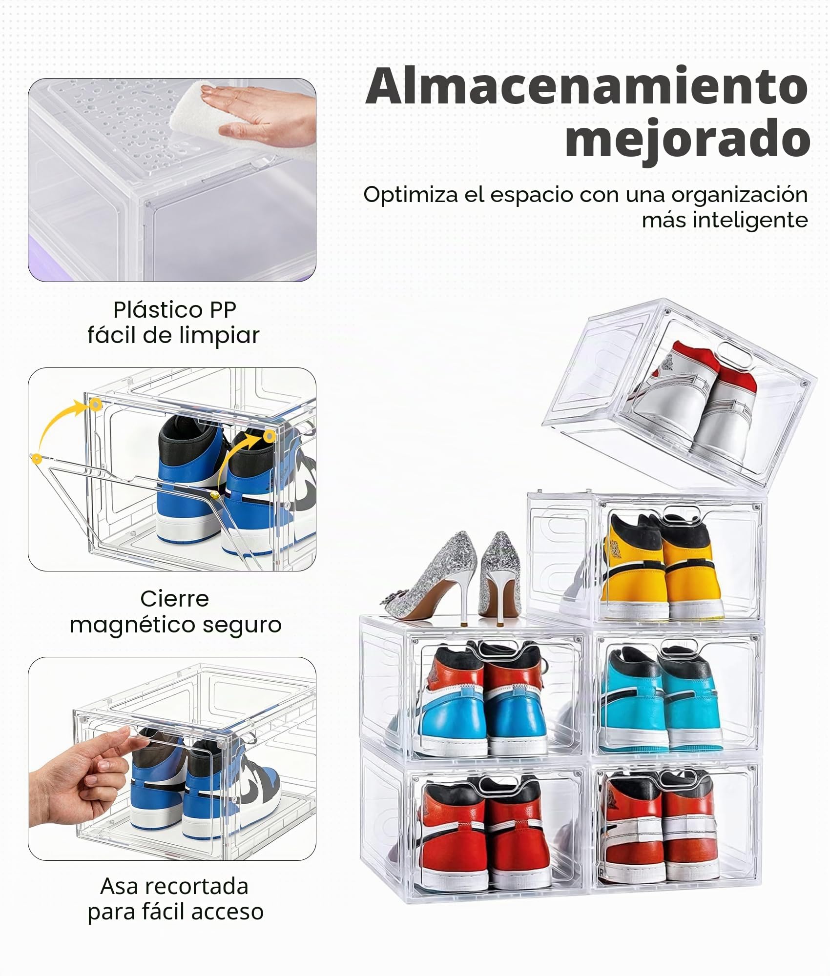 ADOV Cajas para Zapatos Set de 6, Organizadores Transparentes Apilables de Plástico con Tapa, Caja Porta Zapatillas para Hombre Mujer y Niños, hasta EU 46