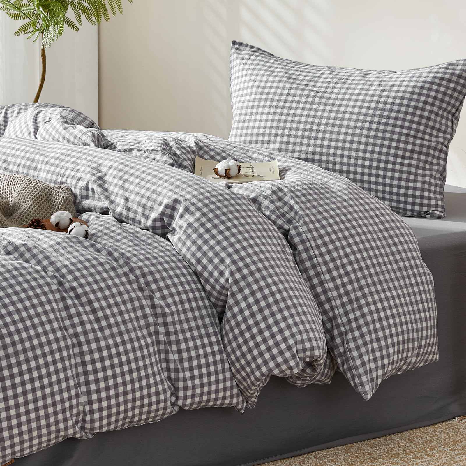 SAPHREAS Grey Gingham Duvet Cover Set 100% Washed Cotton Single Size 2Pcs Check Modern Grid Bedding Soft Plaid 1 Yarn-dyed Duvet Quilt Cover with Zipper 1 Pillowcase, Duvet Insert Not Included