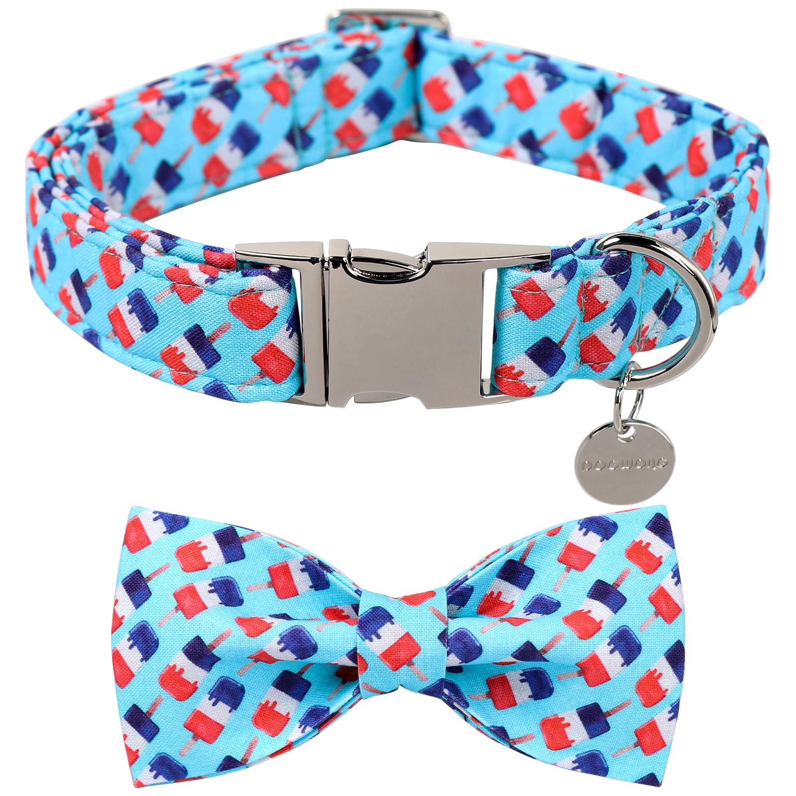 Summer Dog Collar Bow Tie Blue Ice Cream Dog Collar, DOGWONG Comfortable Adjustable Puppy Collars with Secure Metal Buckle for Small Medium Large Pet