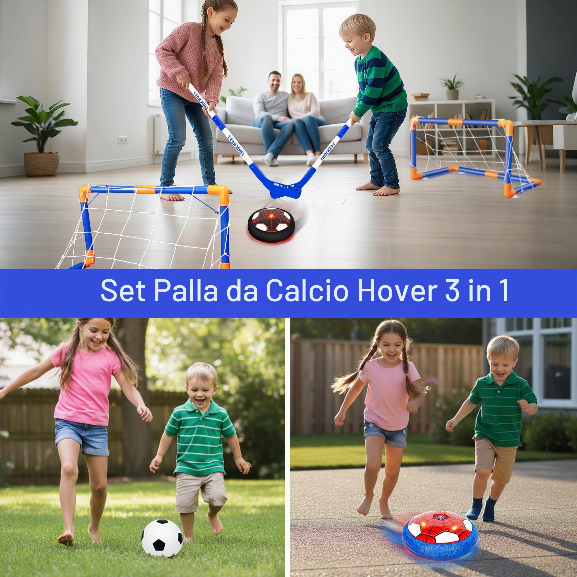 Pallone Calcio Fluttuante, 3in1 Hover Calcio Hockey | Giocattoli Palle per Bambini Set, Ricaricabile Air Hover Calcio Bambini per Bambini 3-12 Anni Natale Regalo