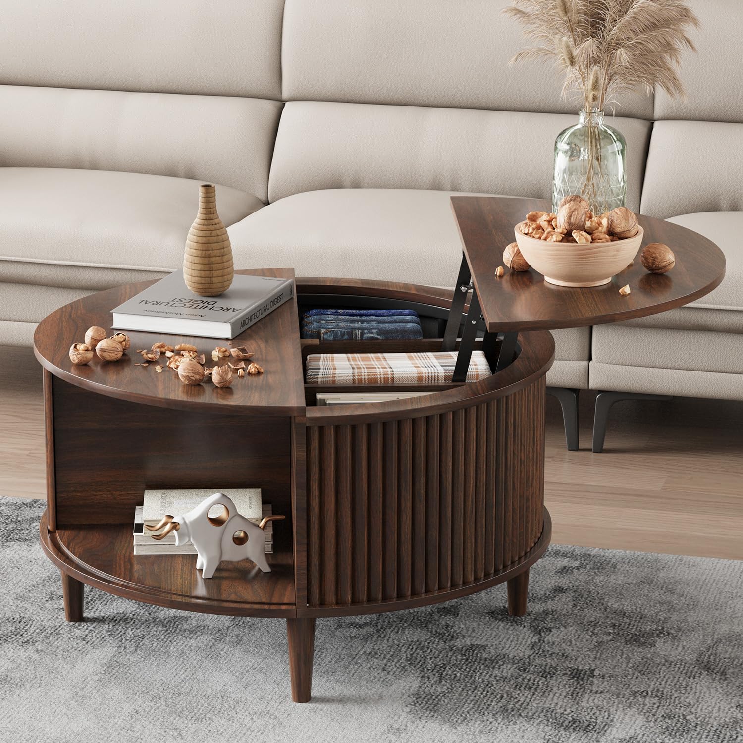 FNeL Round Coffee Table with Storage, Fluted Lift Top Coffee Table for Living Room, 31.5" Mid Century Modern Center Table with Sliding Cabinet Door,