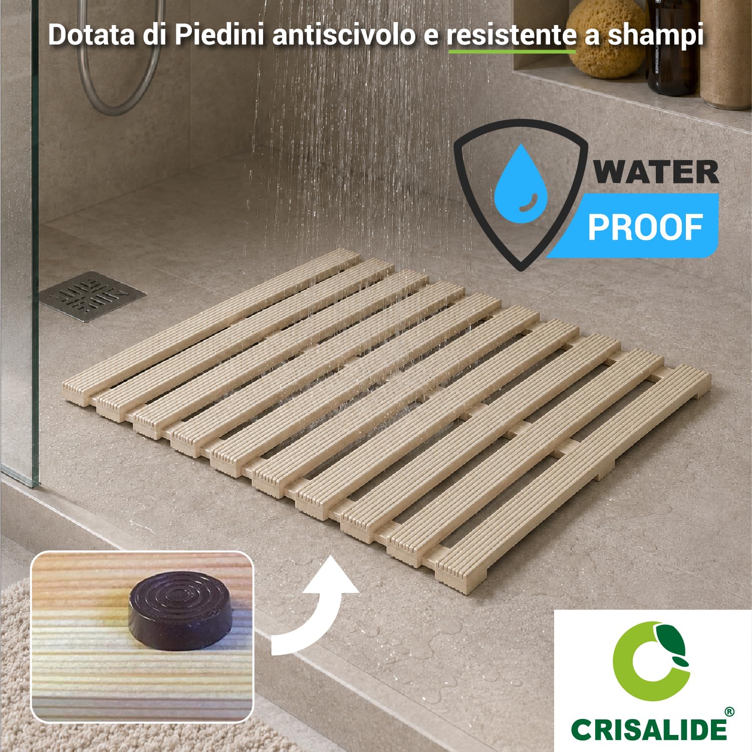 Crisalide® - Pedana Doccia in Legno di Pino Naturale 68x55 cm, Pedana Rettangolare Antiscivolo Waterproof con Doghe Drenanti, Piedini di Appoggio, Tappeto Doccia in Legno per Bagno