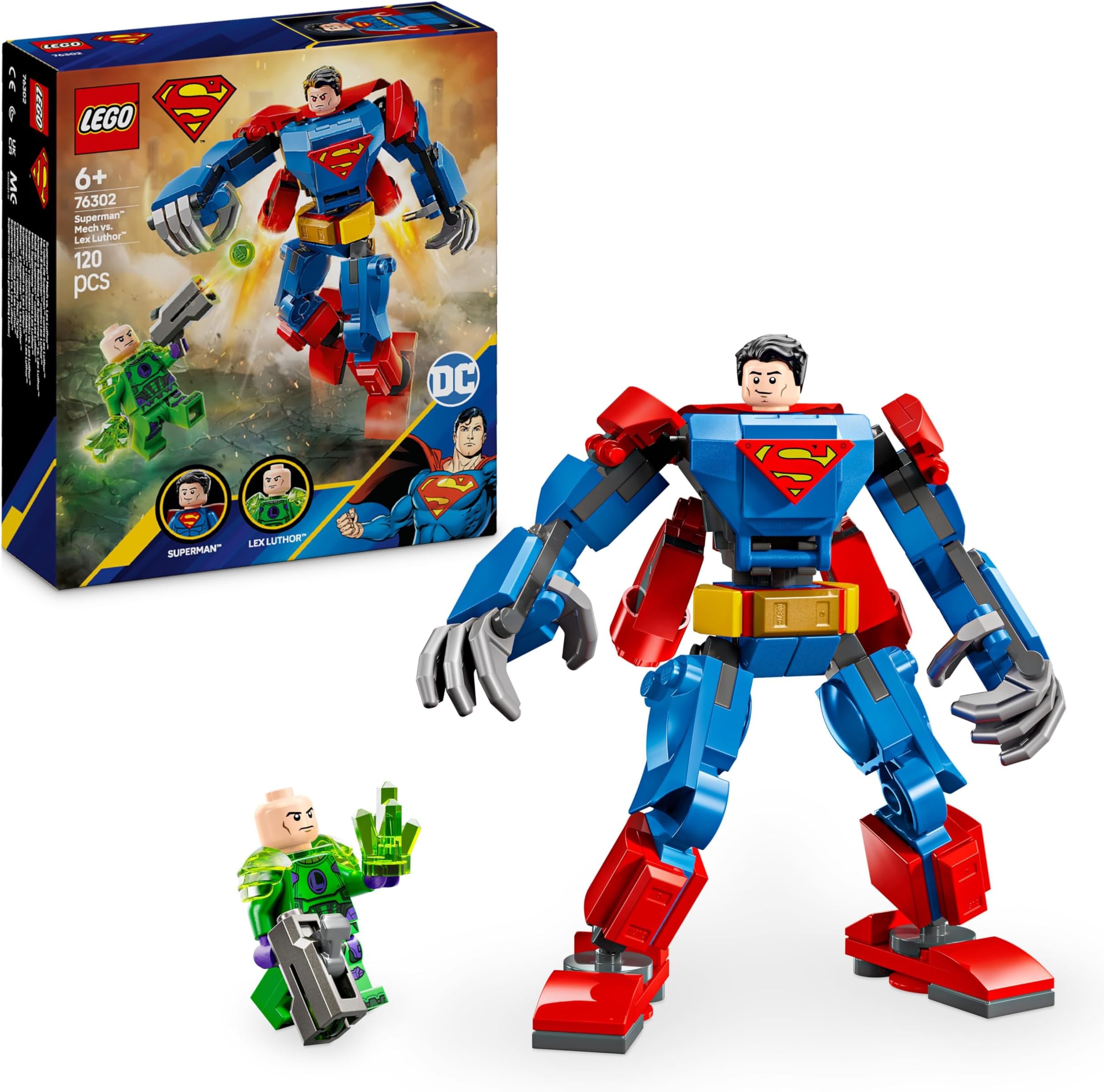 DC Superman Mech vs. Lex Luthor, Super Heroes Toy with 2 Minifigures, a Stud Shooter & Kryptonite - Buildable Figure Set - Gift 6 Plus Year Old Boys & Girls 76302
