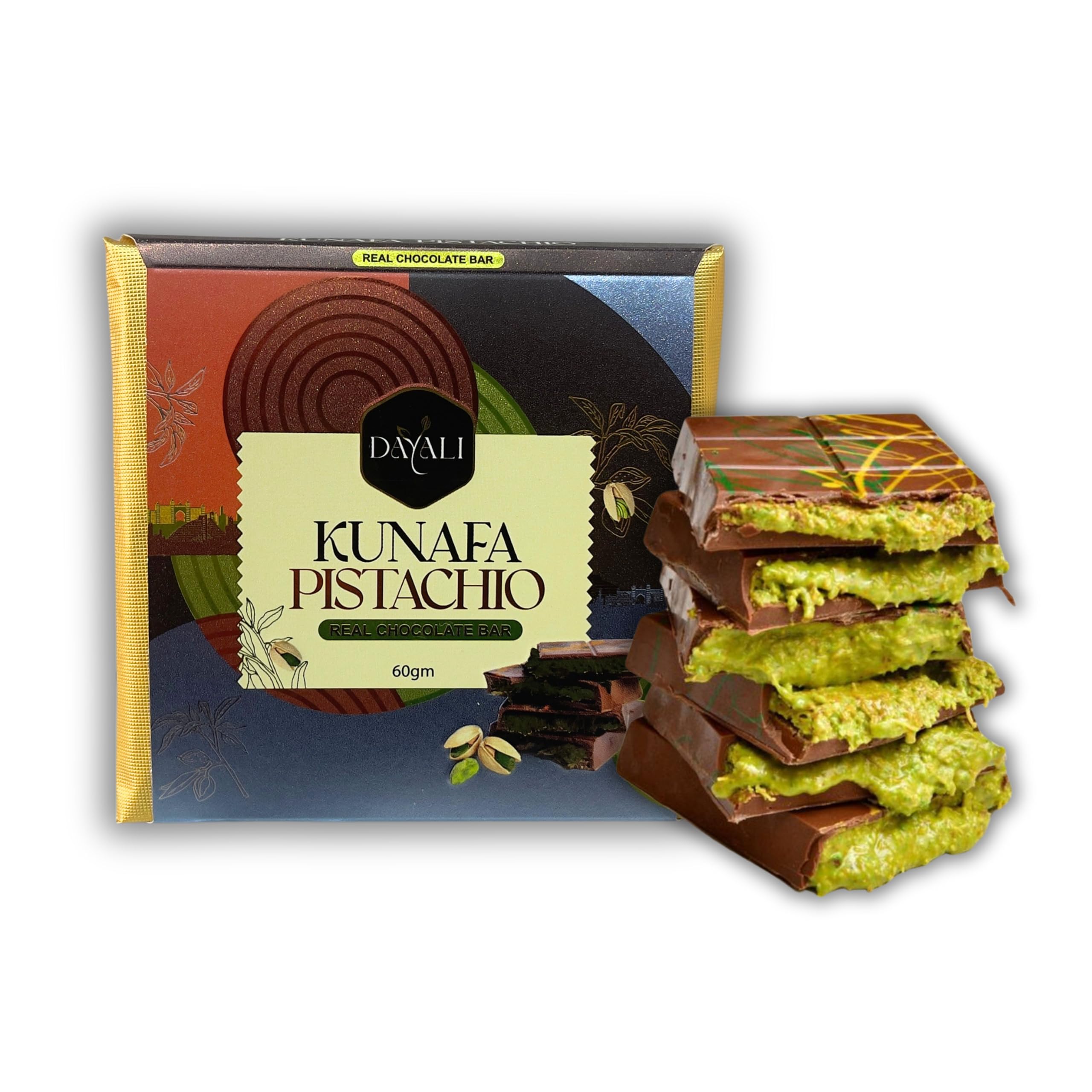 Dayali Premium Quality Pistachio Kunafa Chocolate 60 Gm| Dubai Famous Chocolate | Milk Chocolate.