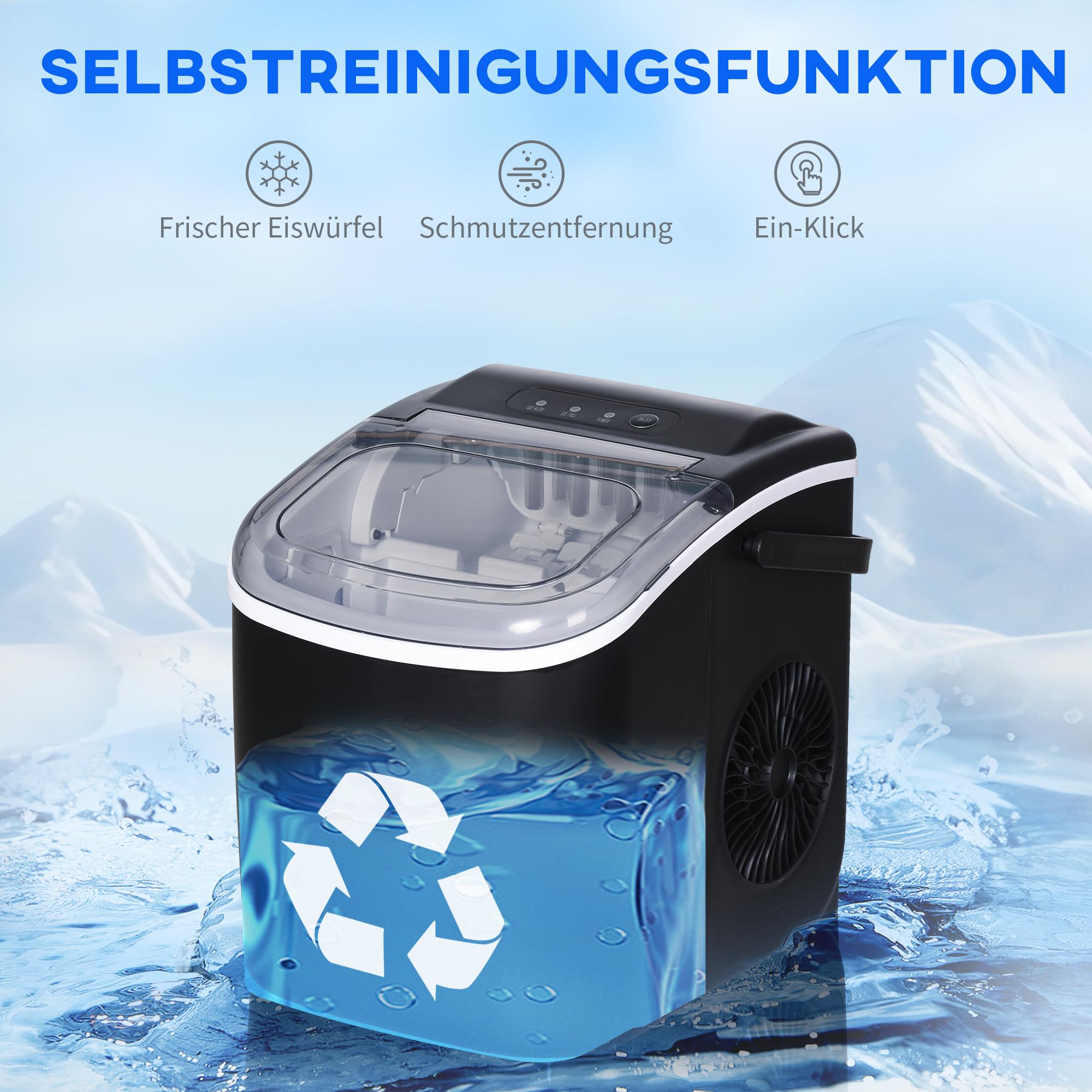 HOMCOM Eiswürfelmaschine, 12 kg/24h, 9 Eiswürfel in 6-12 Minuten, Selbstreinigender Eiswürfelbereiter mit Griff, Eisschaufel und Korb Ice Maker für Küche, RV, Camping
