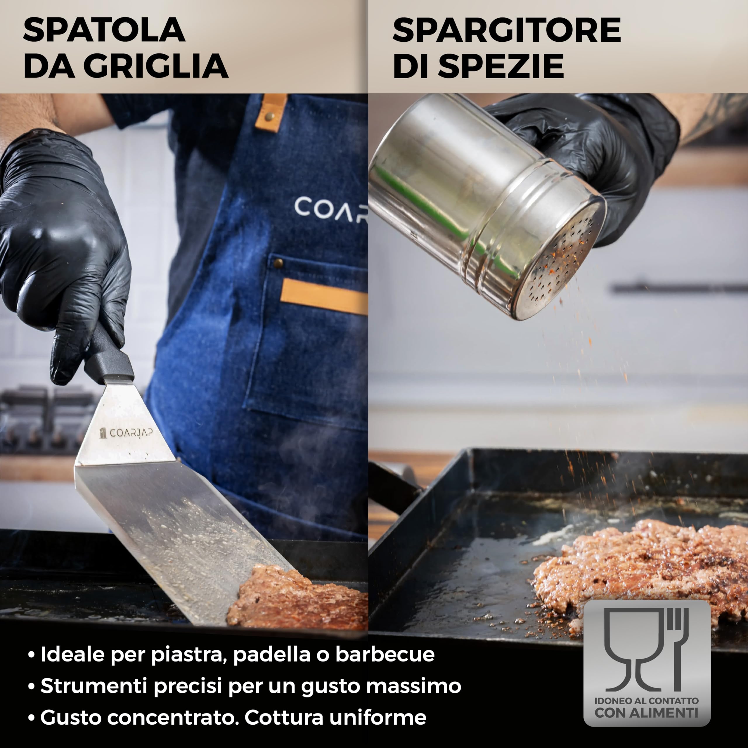 Smash Burger Press Kit – Include 1 Pressa per Hamburger, 1 Spatola, 2 Cloche per Hamburger e 1 Spargi Spezie – Certificato UE per Contatto con Alimenti