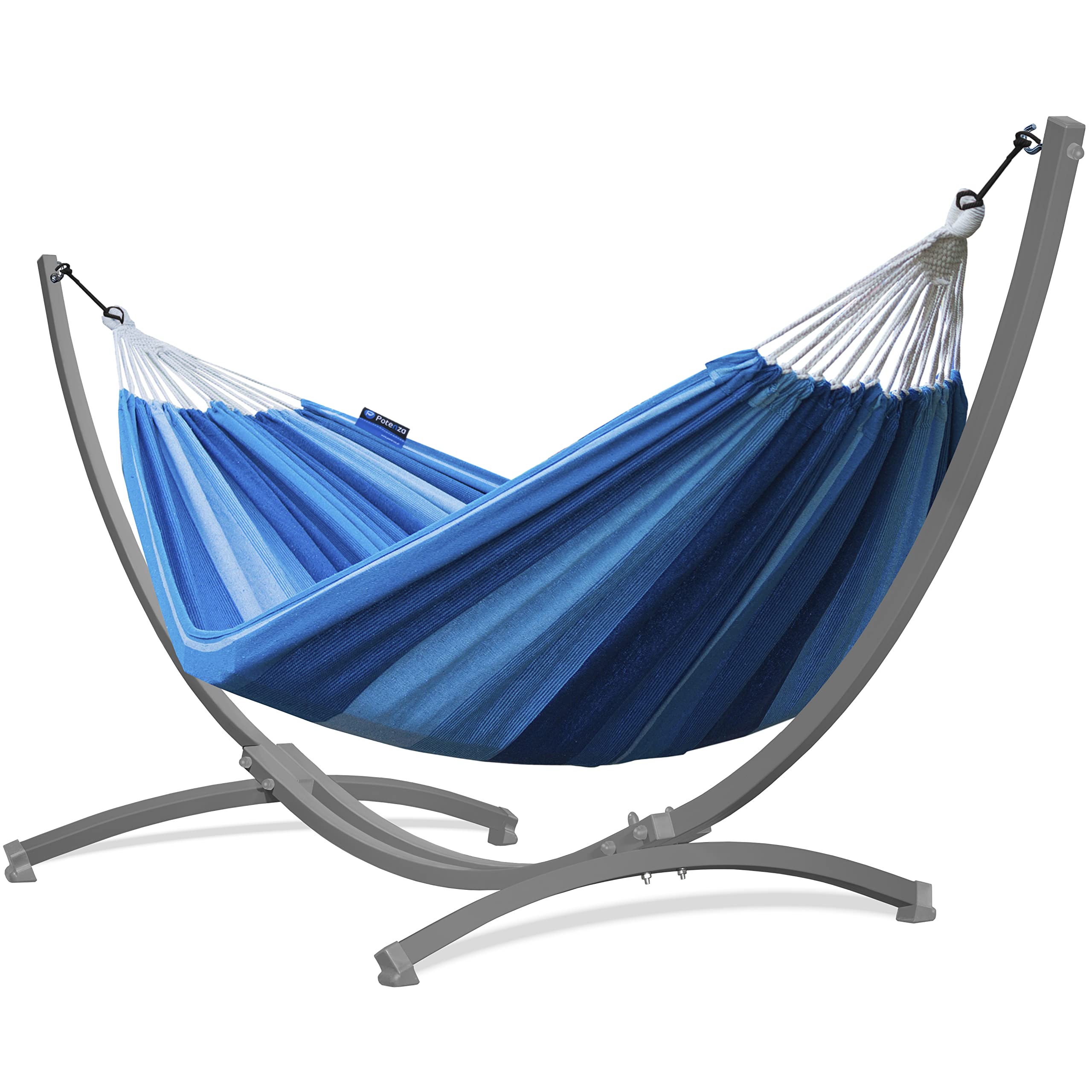 Potenza Hamaca con Soporte Incluido en Jardin, de Tela Multicolor, para 2 Personas Doble I Grande Soporte Capacidad de 220 Kg I Hamaca 220x160 cm (Azul, Soporte Gris)