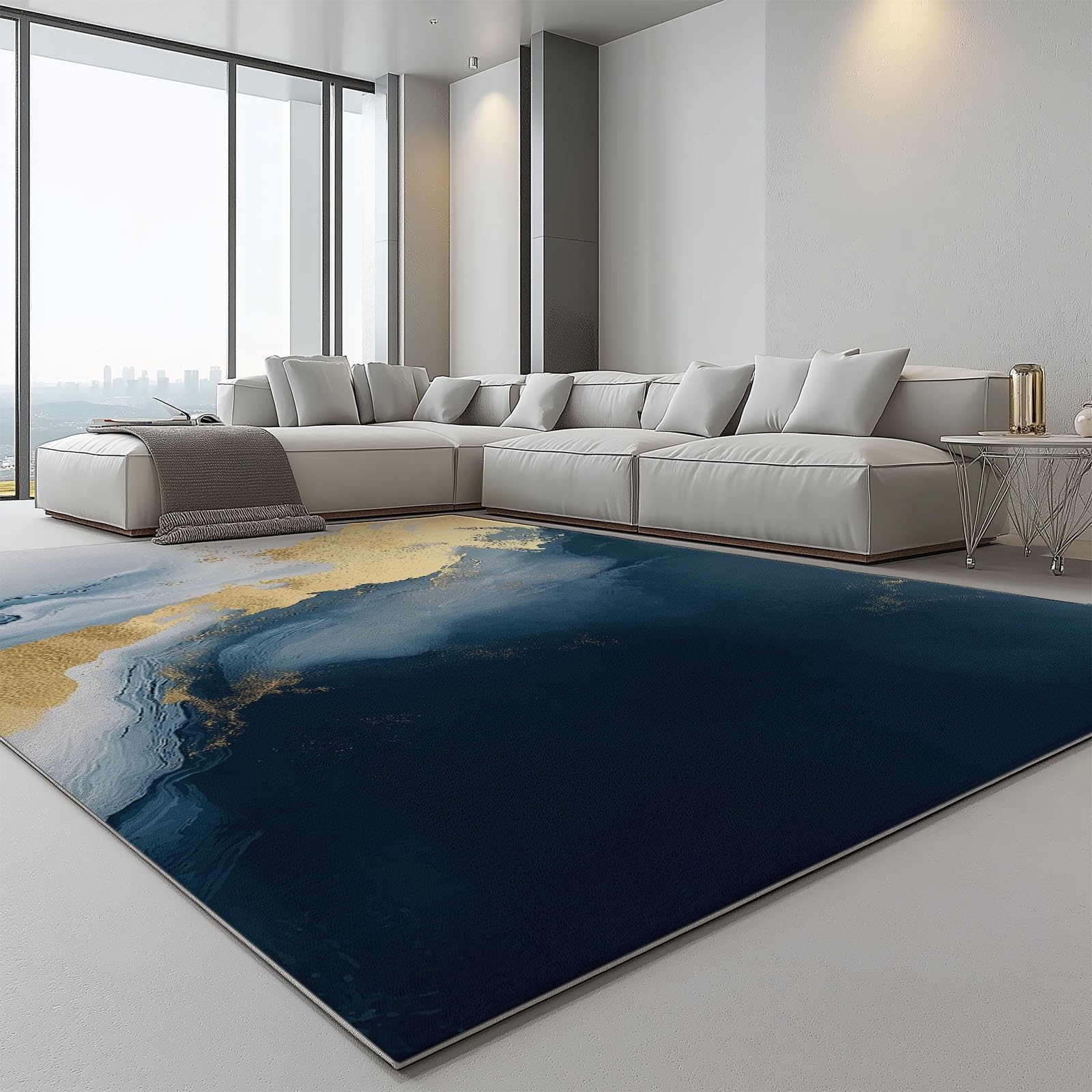 Lavabile in Lavatrice Tappeto per Soggiorno Camera da Letto Ufficio Decorazione 120 x 180 cm, Astratto Semplice Illustrazione Marina Tema Flanella Tappeti con Supporto Antiscivolo, Blu Scuro