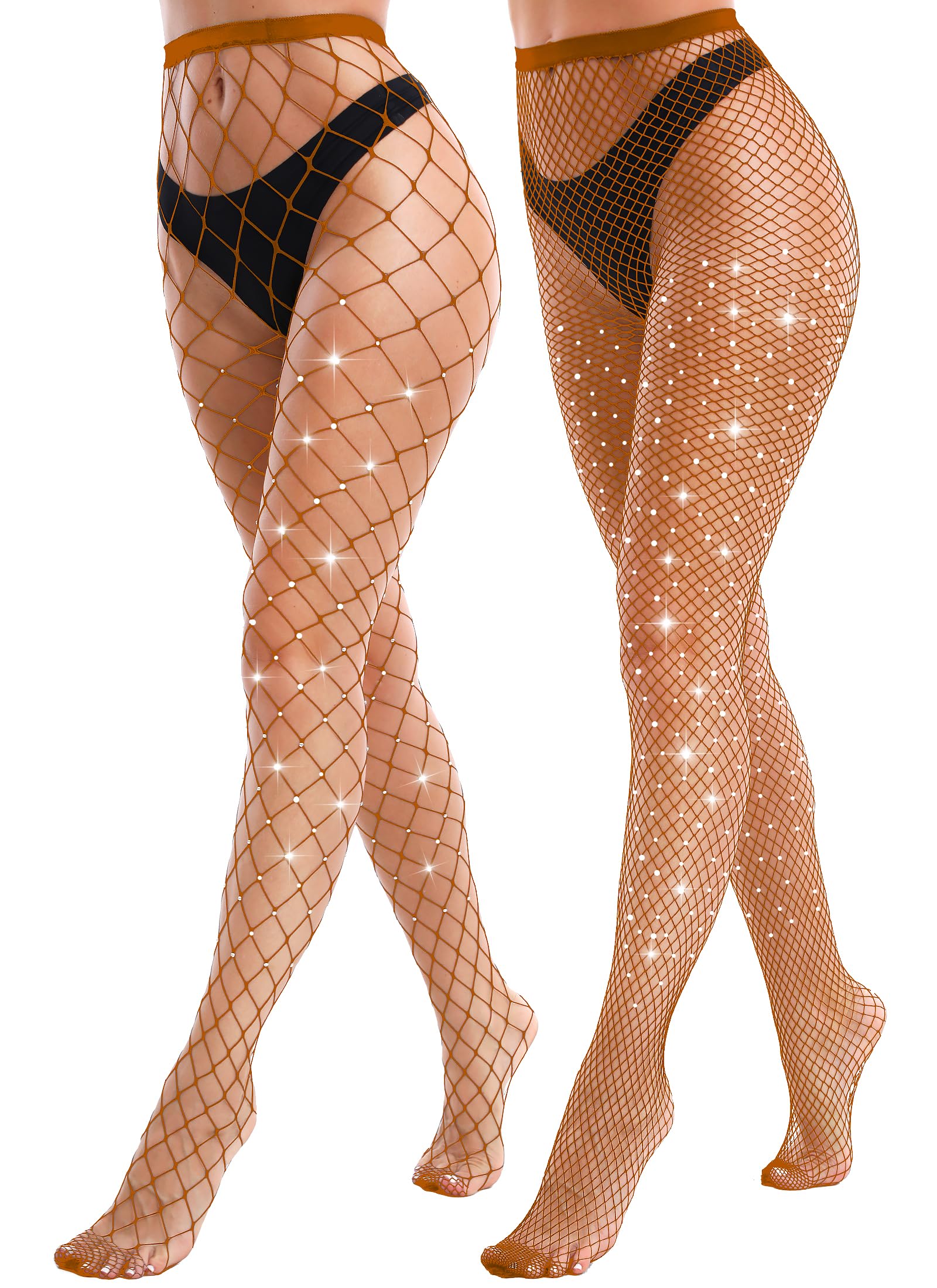 VEBZIN 2 Pack Sparkly Large And Medium Mesh Fishnet Tights For Women Glitter Rhinestone Fishnets Stockings, Coffee, One size
