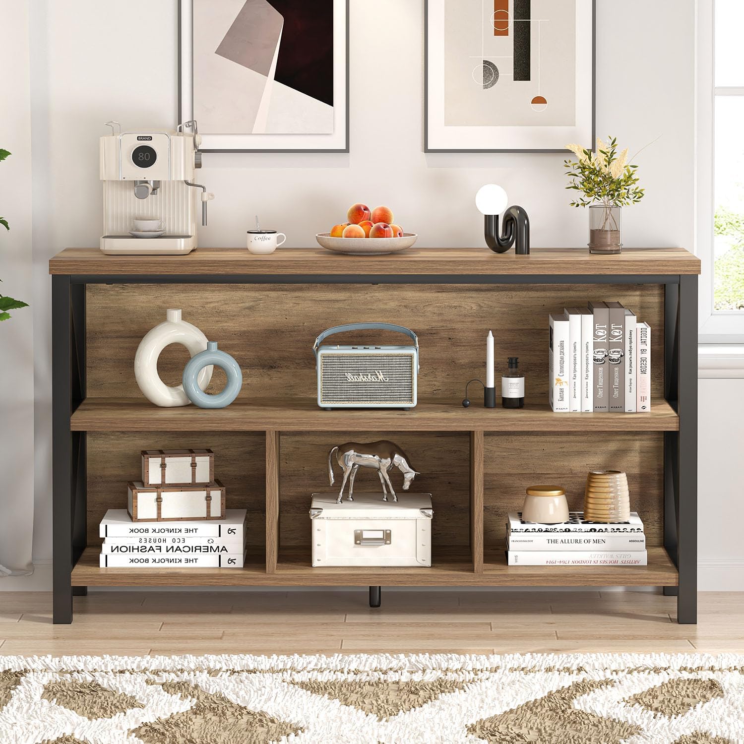 EXCEFUR Rustic Oak 47 Inch Horizontal Bookshelf, Industrial Metal & Wood Bookcase, 4 Cube Storage Organizer for Living Room Home Office, Low Wide Book Shelf for Display