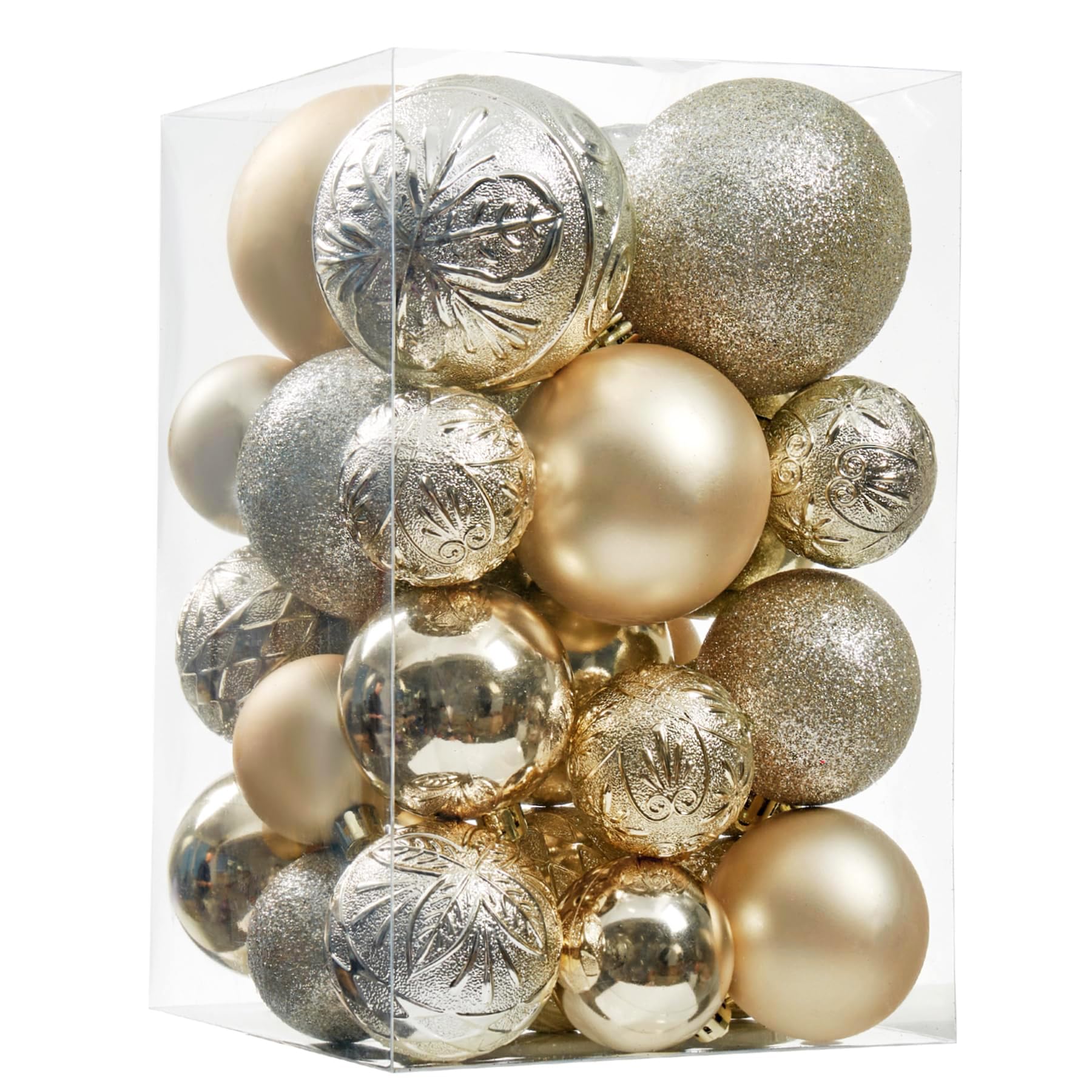 Champagne-colored shatterproof Christmas ornaments in multi‑size sets, displayed on a tree with soft lighting. | Mubboo