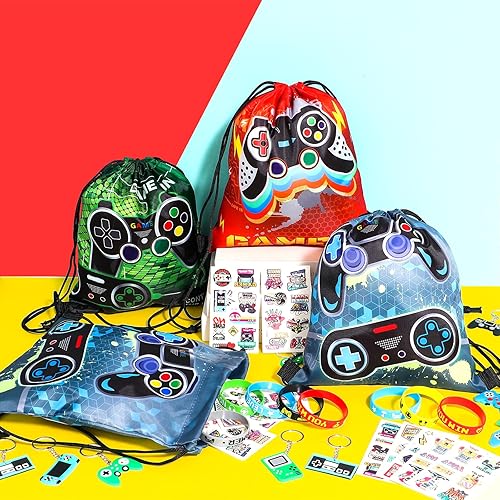 Miniatura 6 de Winrayk 12 juegos de regalos de fiesta de videojuegos, suministros de cumpleaños para jugadores, bolsa con cordón para juegos, pulsera de silicona