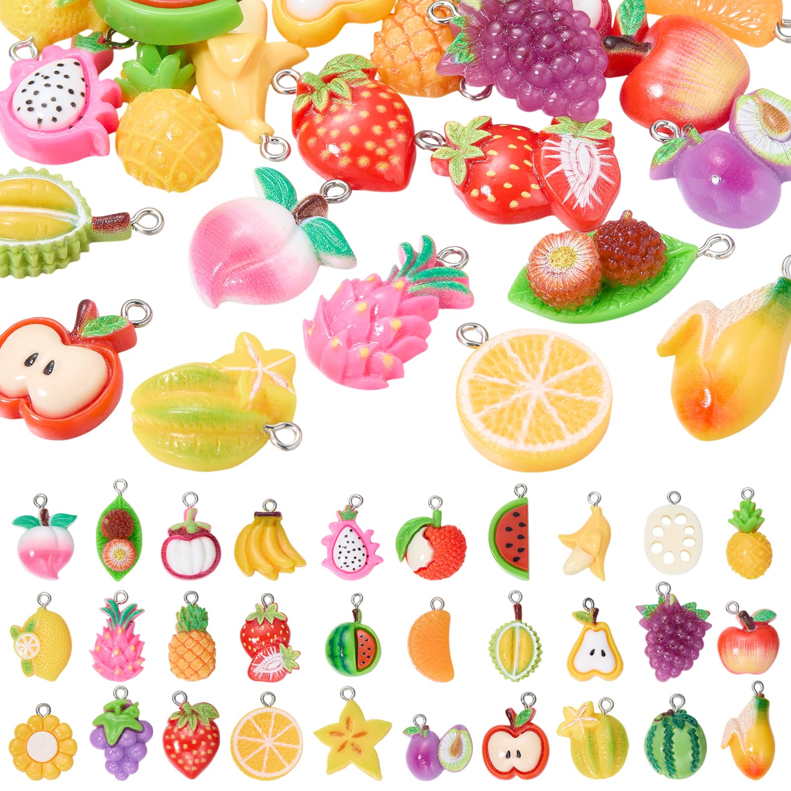 COGCHARGER 30Pcs Assorted Fruit Resin Charms for Jewellery Making Bulk Cute 3D Charms Bananas Strawberry Watermelon Apples Lemon Pendant for Bracelet Earring Necklace DIY Crafts