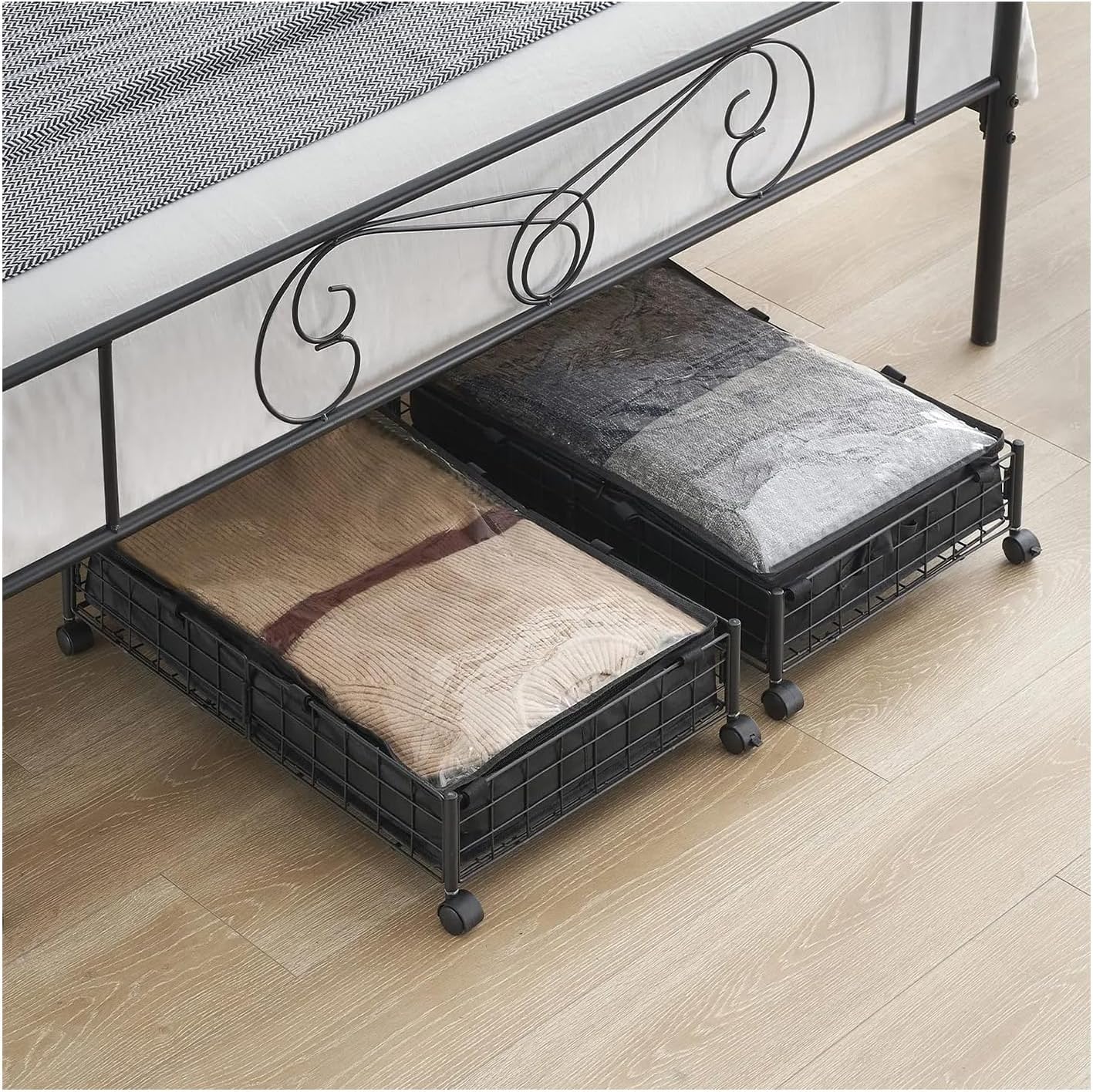SepKus Under Bed Shoe Storage Organizer Drawer, 2 Pack Metal Foldable Under Bed Storage Containers, Under Bed Storage with Wheels and Non-Woven Bags for Organizing Clothes, Books