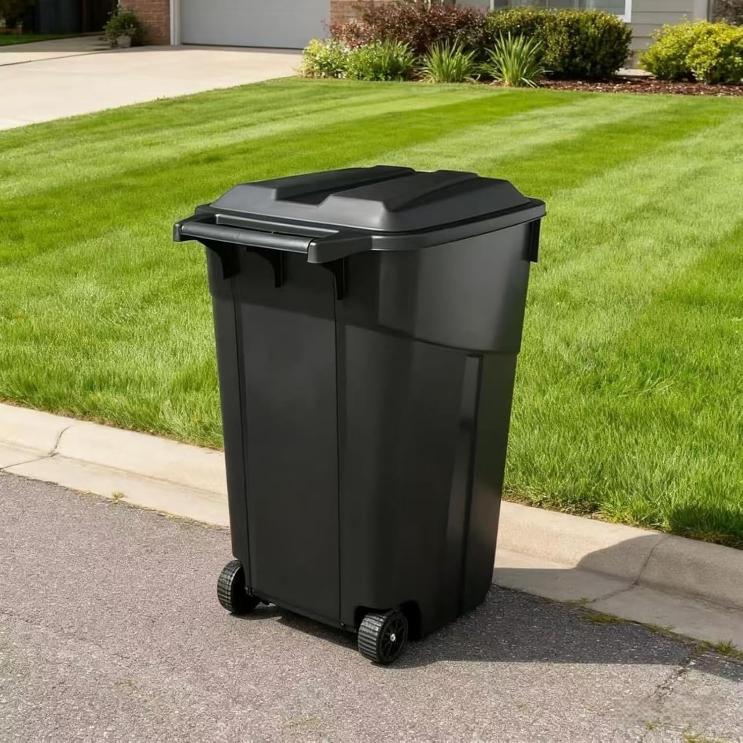 Black 45 Gallon Wheeled Heavy Duty Plastic Garbage Can, Rubbish Bin with Attached Lid, Trash Cans for Courtyard Garden, Kitchen, Living Room, Office