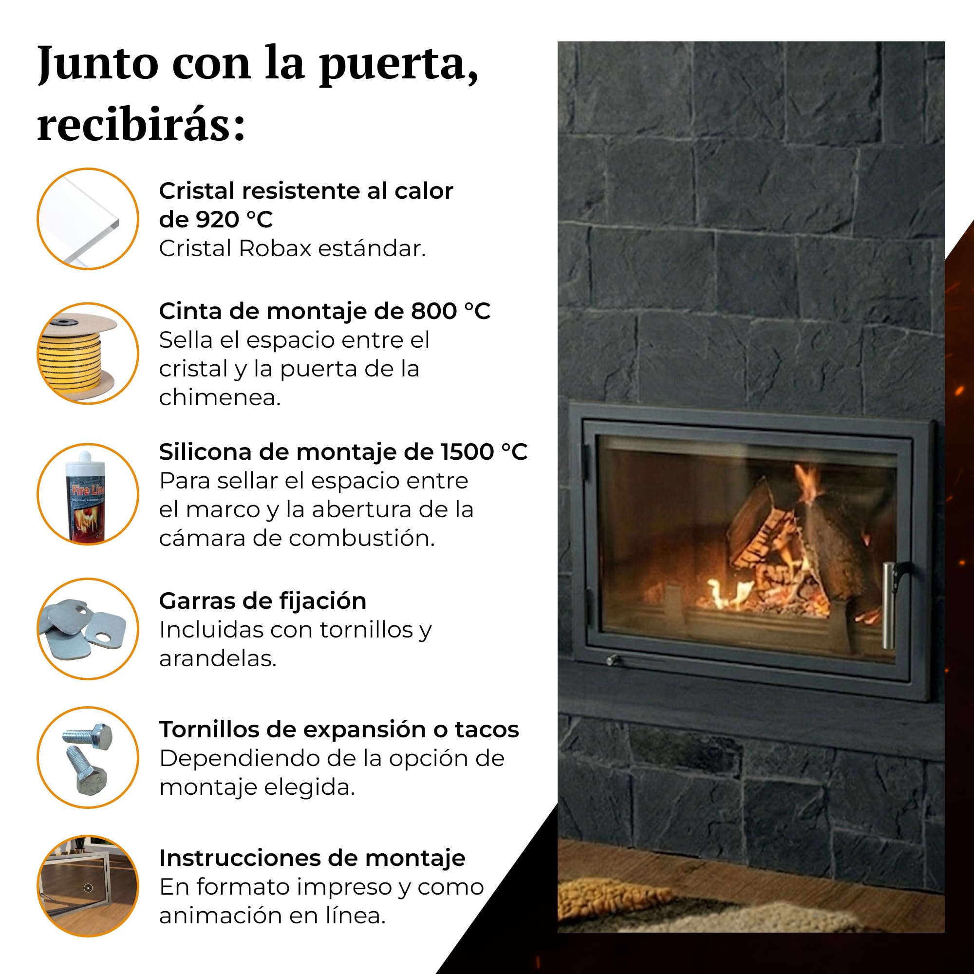 D3 | Puerta de Chimenea Slimline a Medida | Marco Estrecho | Puerta para Chimenea, Estufa, Barbacoa y ahumador | Cristal vitrocerámico | Puerta Premium con Accesorios INOX