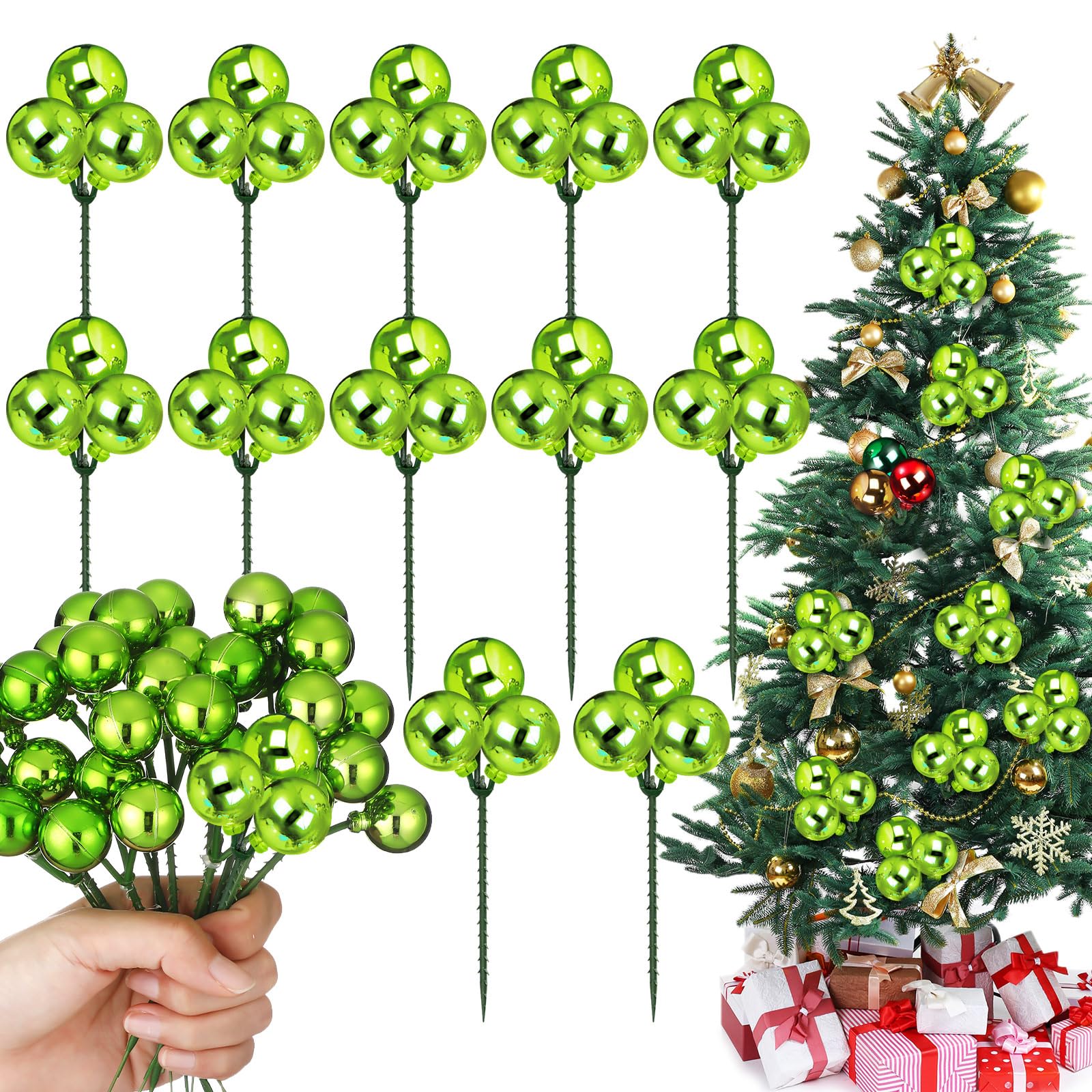 Syhood 12 Sets 7.9 Inch Christmas Ball Picks and Sprays Decor, Lime Green