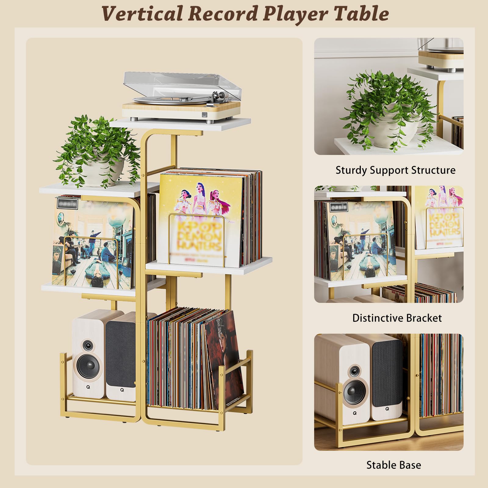 Bikoney Plattenspieler Ständer mit Vinyl-Stauraum & LP-Ablage - Gold | Vinyl-Display & Ständer mit Pflanzendesign für Wohnzimmer, Großer LP-Stauraum & Tisch Ideal für Kleine Räume