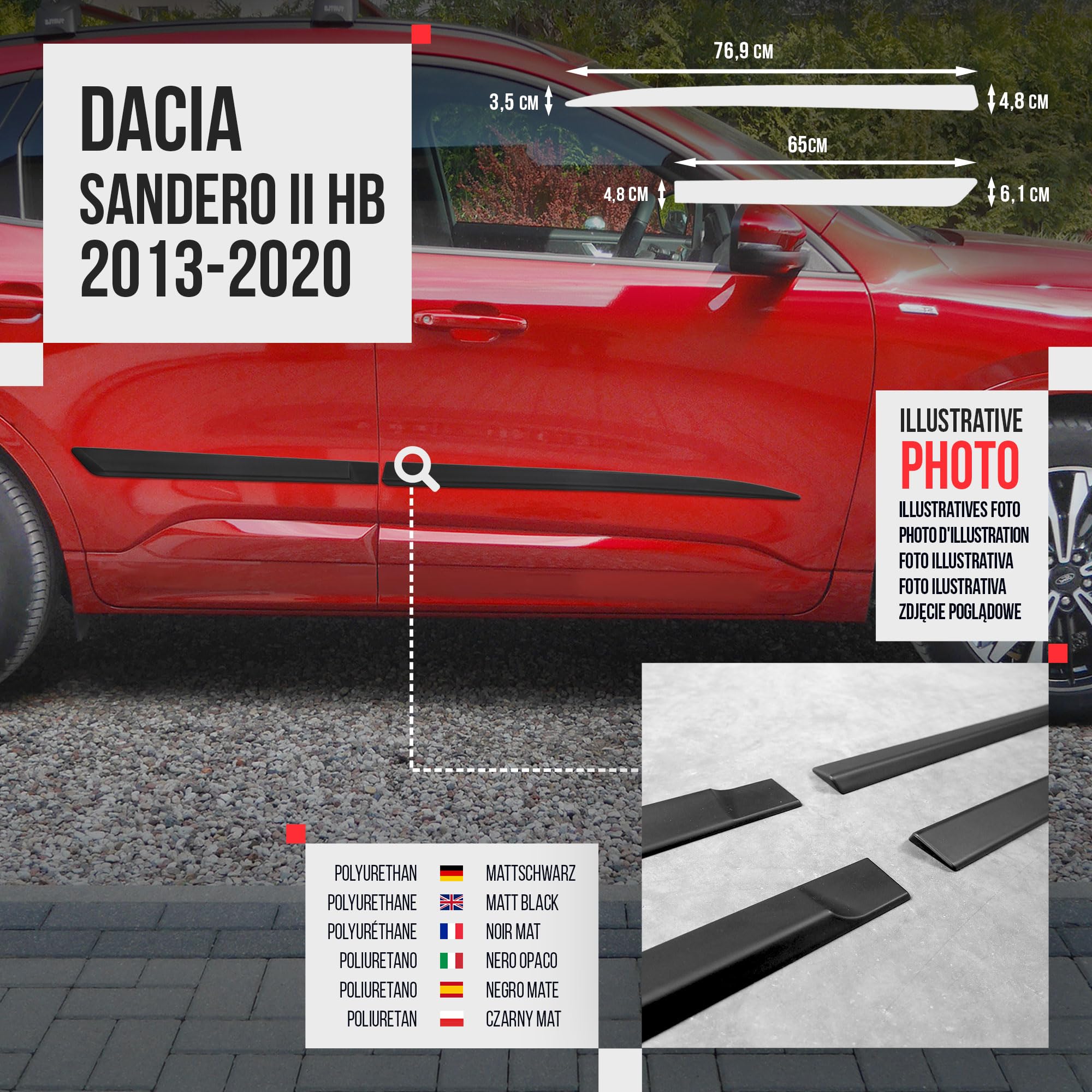 CHROMEMASTER | Schutzleisten für Autotüren Kompatibel mit Dacia Sandero II Hatchback 2013-2020 | Kunststoff Dekorative Seitenleisten schützen Lack und Fahrzeugtüren vor Kratzer und Beschädigung