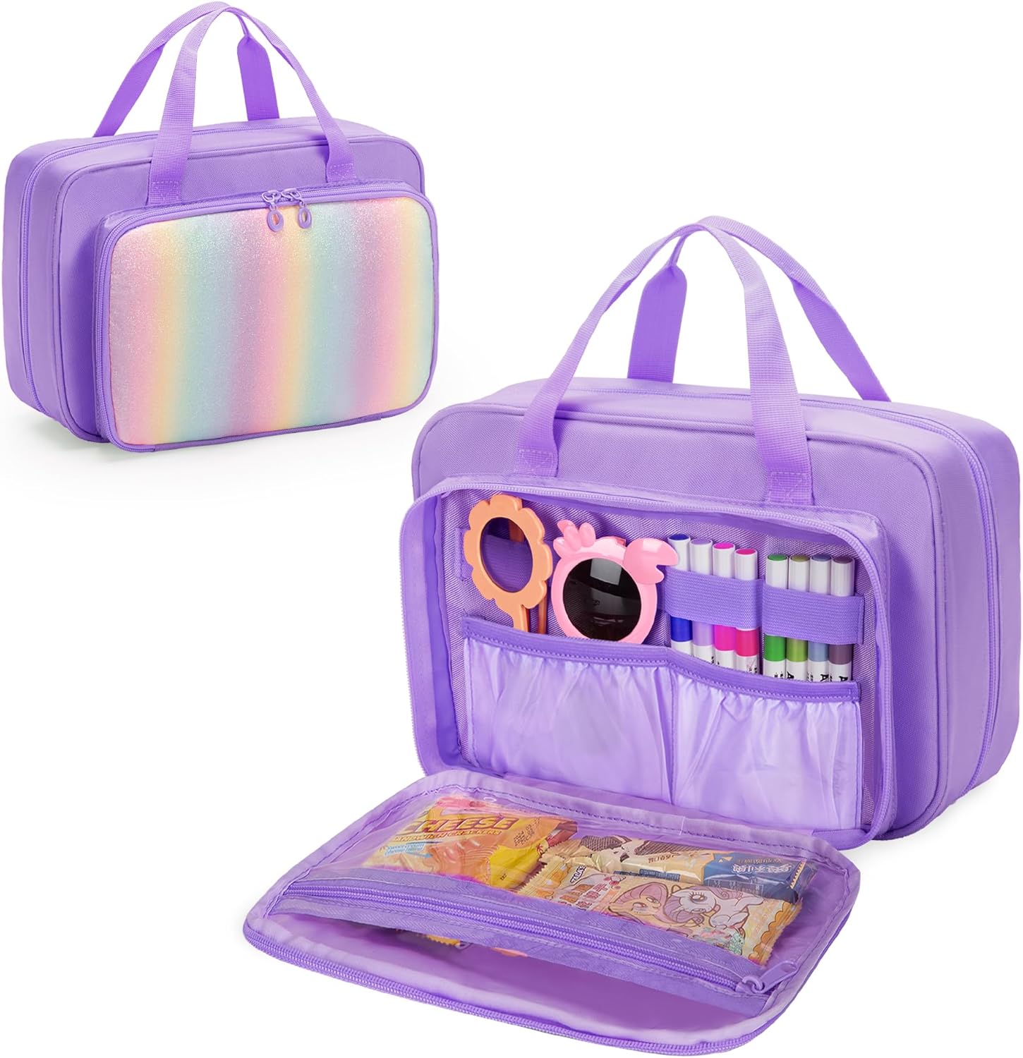 Kids Travel Toy Organizer with Hanging Hook, Storage Bags with Multi-compartments for Child’s Toys, Snack or Other Essentials, Water-resistant Toiletry Carrying Bag, Two Way Zipper, Pink (Bag Only)