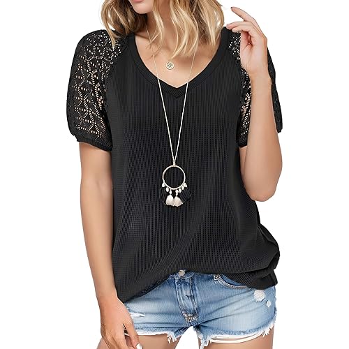 V Neck T Shirts Cute Summer Tops Lace Puff Short Sleeve Blouses for Women Dressy Casual